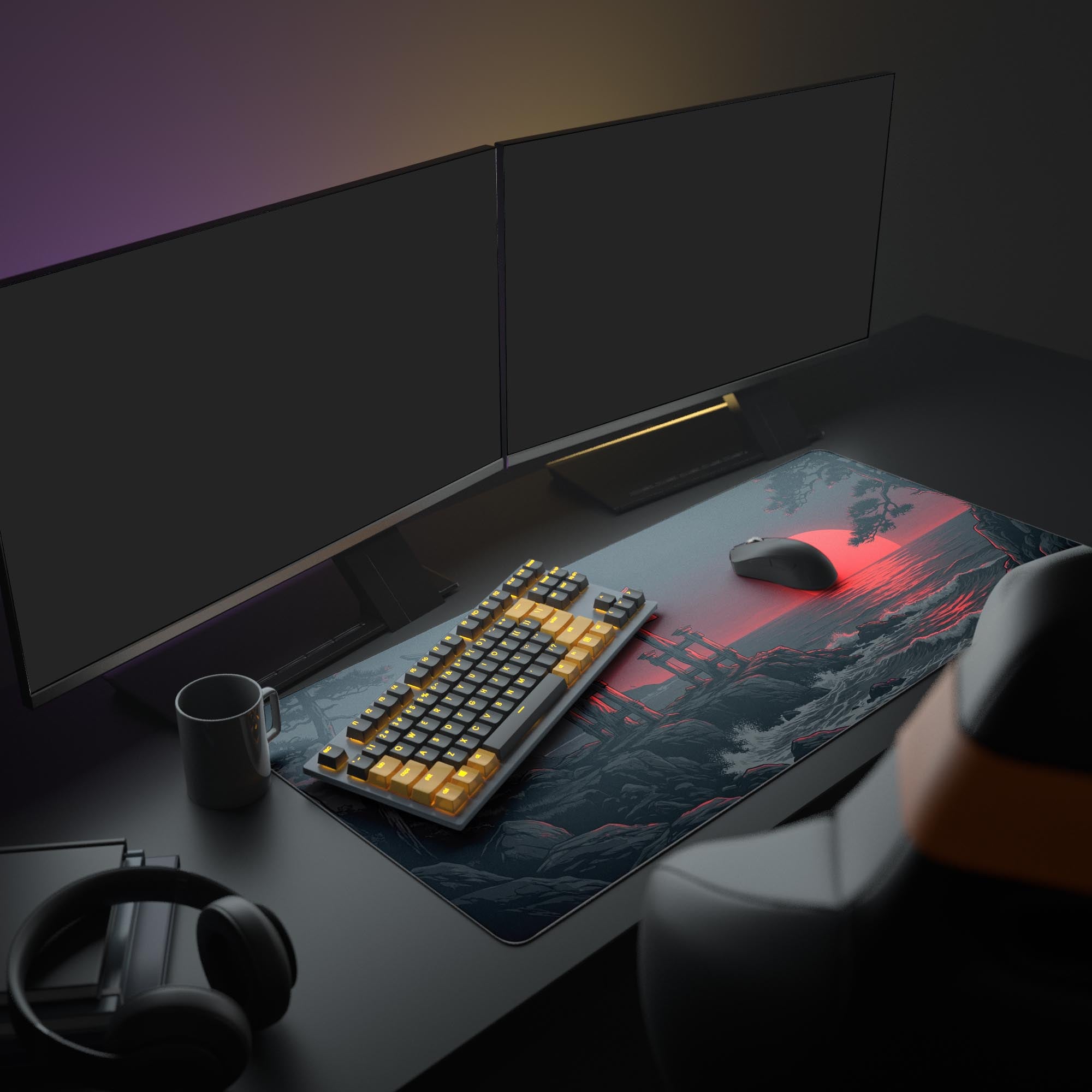 A complete computer setup showcasing the Crimson Threshold gaming mouse pad, with its red sun and Torii gate art anchoring the aesthetic of the desk. - Epic Design Pads & Mousepads