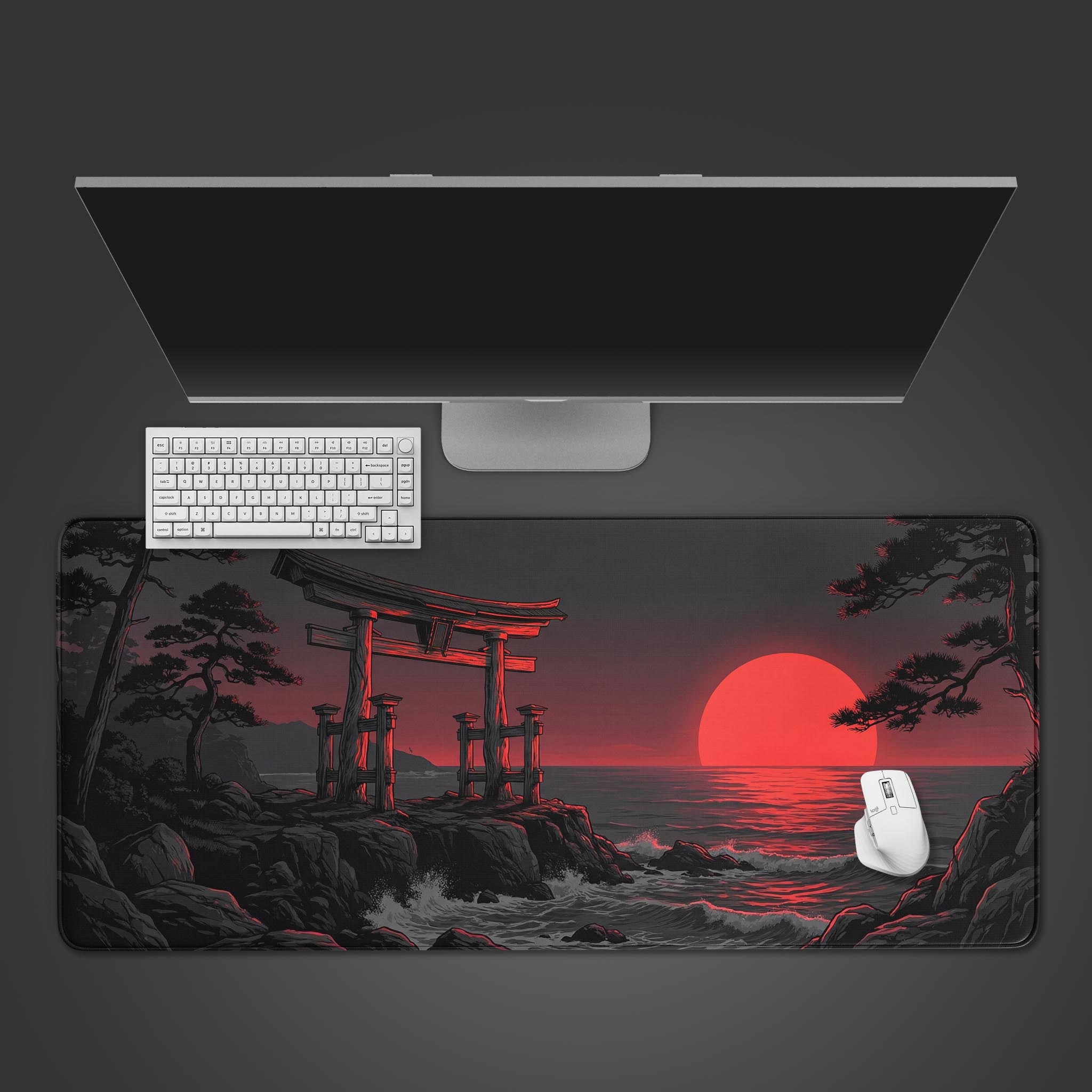 Top-down view of the Crimson Threshold gaming desk mat, featuring a Japanese Torii gate design, shown with a white keyboard and mouse on a dark surface. - Epic Design Pads & Mousepads