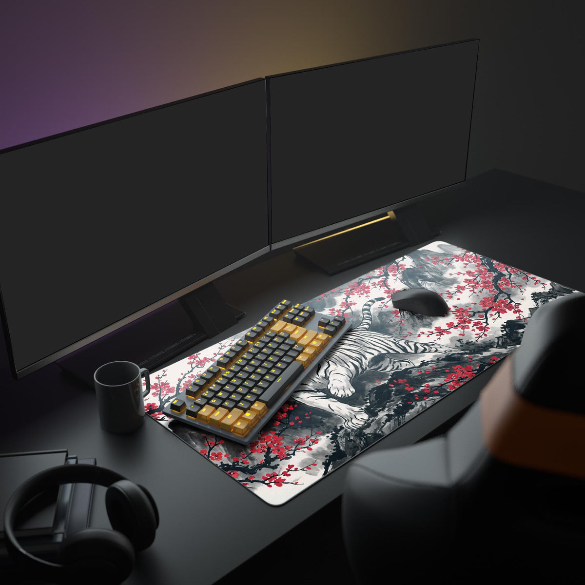 A clean computer setup featuring the Crimson Tiger gaming desk mat. The ink wash art unifies the workspace with a monitor, keyboard, and mouse for a cohesive look. - Epic Design Pads & Mousepads
