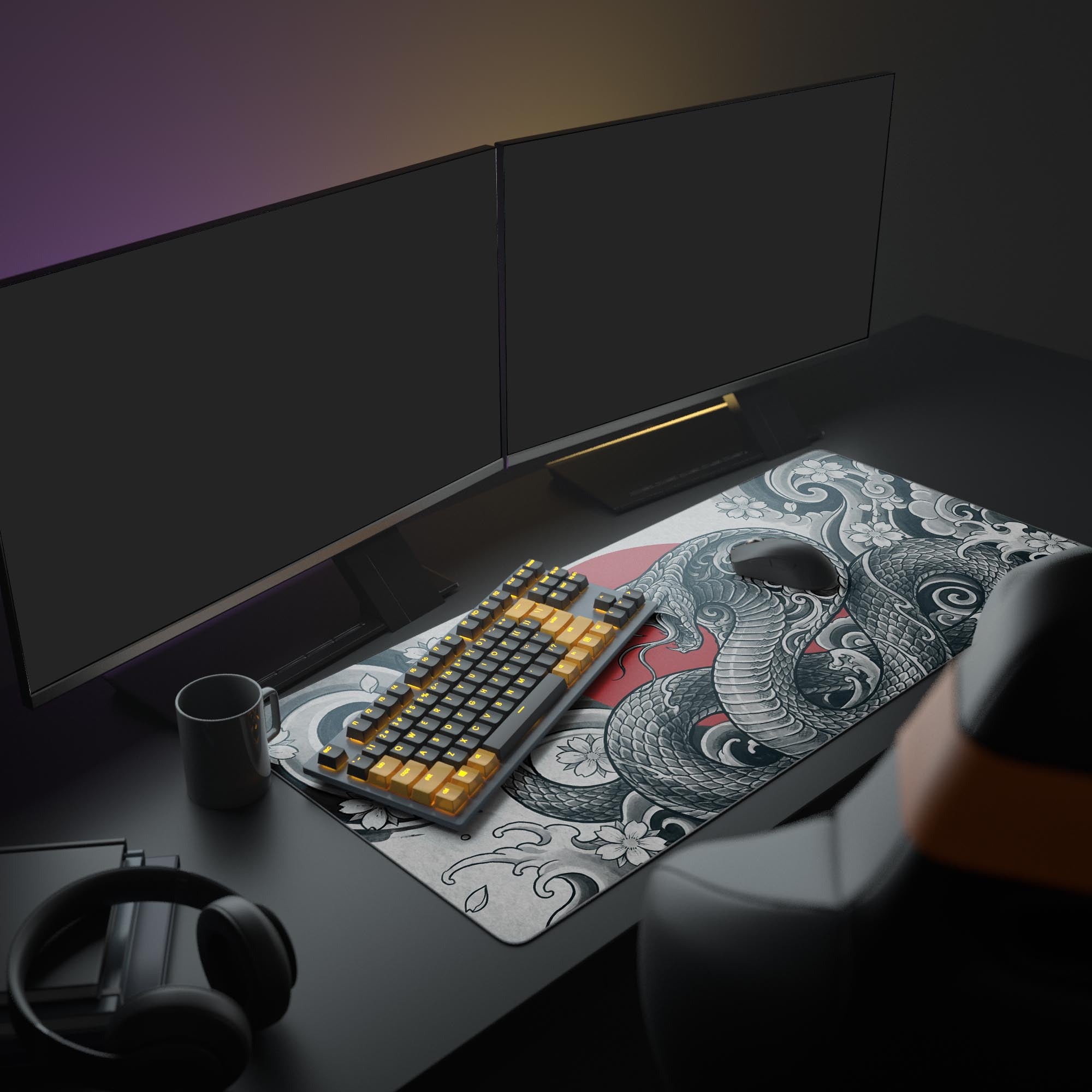 A full PC gaming setup showcasing the Crimson Viper desk mat, its Japanese snake art tying together the monitor, keyboard, and mouse for a cohesive aesthetic. - Epic Design Pads & Mousepads