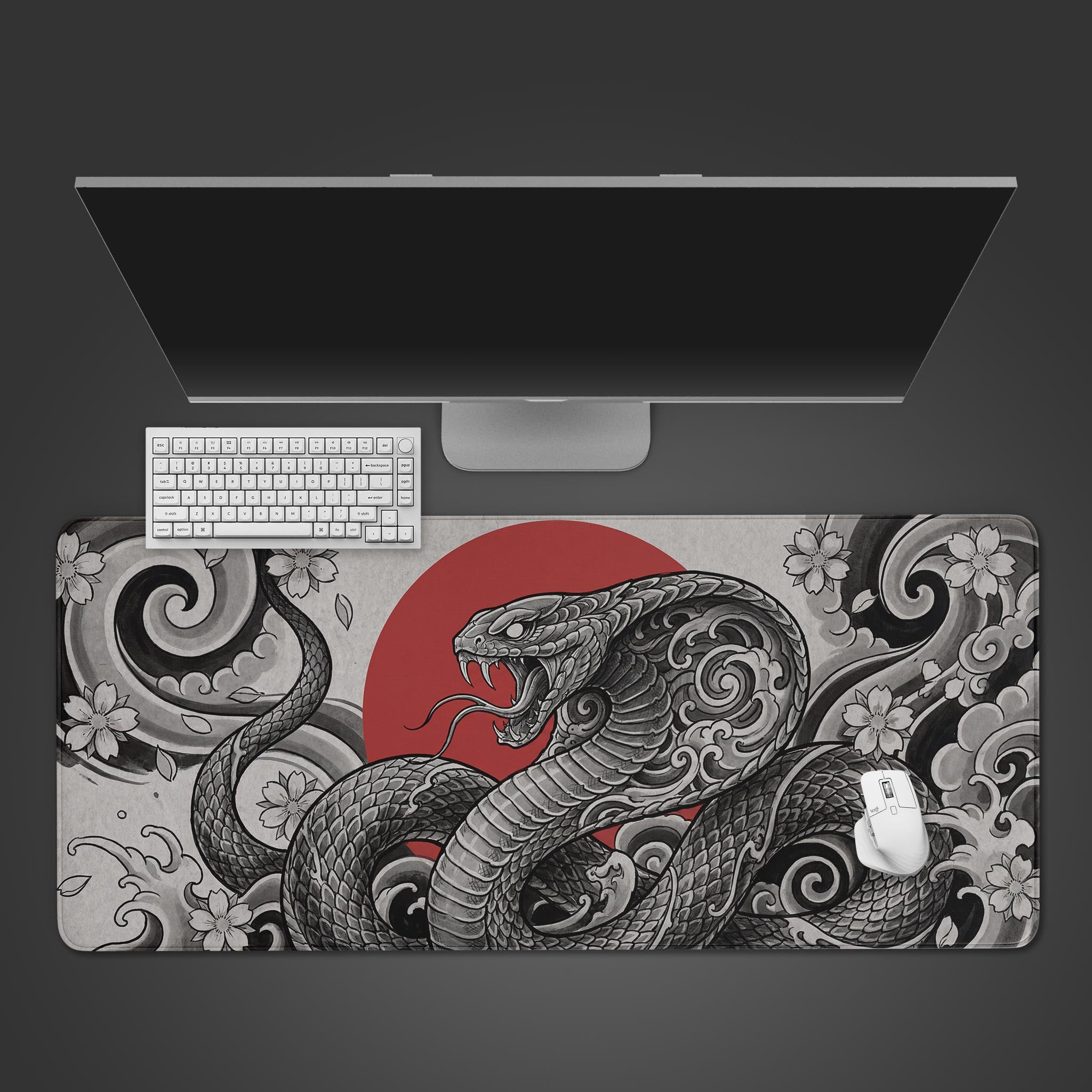 The Crimson Viper gaming desk mat seen from above, featuring a Japanese ink-style snake and red sun design, with a white keyboard and mouse on top. - Epic Design Pads & Mousepads