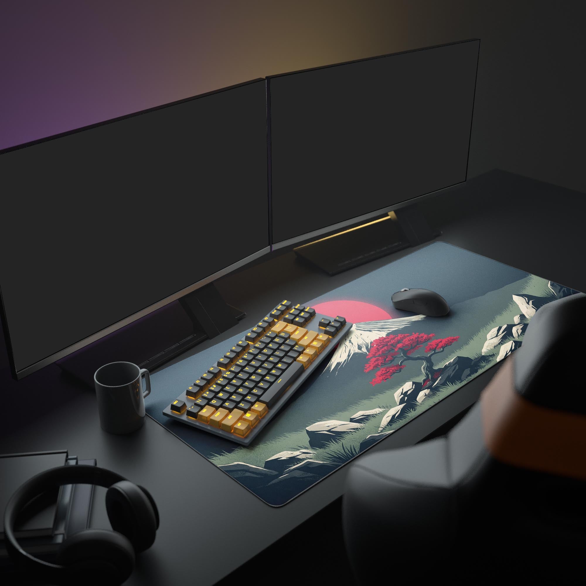 A complete gaming setup showcasing the Crimson Zen Japanese art mouse pad, with a lit keyboard, gaming mouse, and monitor creating a focused workspace. - Epic Design Pads & Mousepads