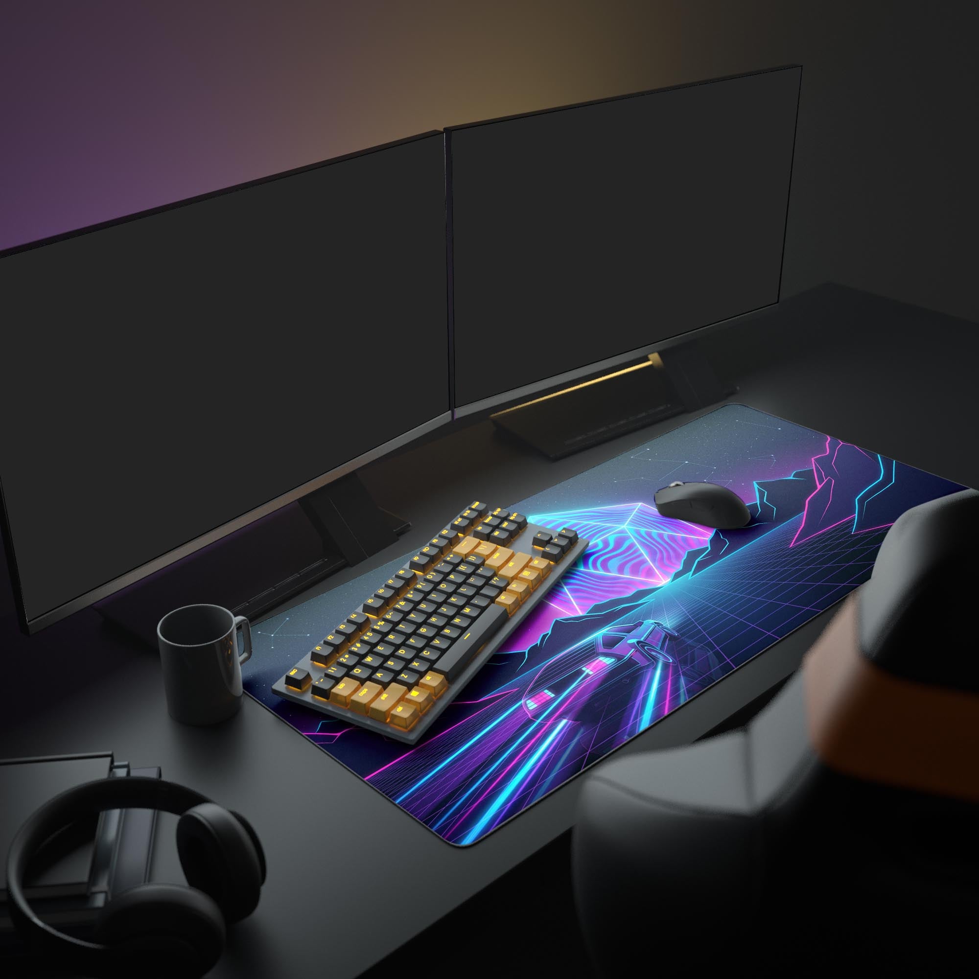 The Critical Velocity retrowave gaming desk mat displayed in a full PC setup with a monitor, glowing keyboard, and mouse, creating a vibrant, neon-themed workspace. - Epic Design Pads & Mousepads