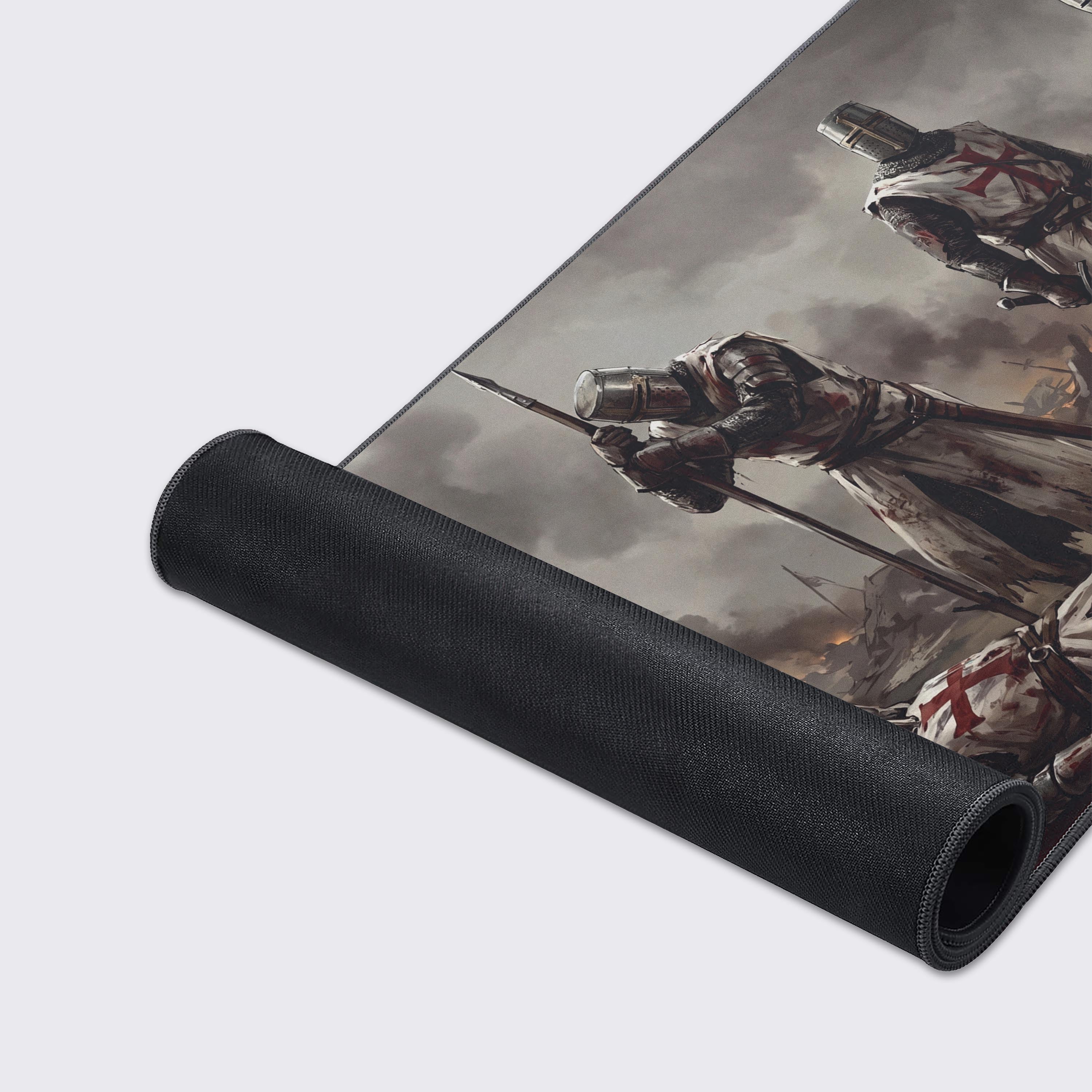 Infographic showcasing the desk mat features: non-slip rubber base, waterproof, easy to clean, super smooth surface, and crisp prints.