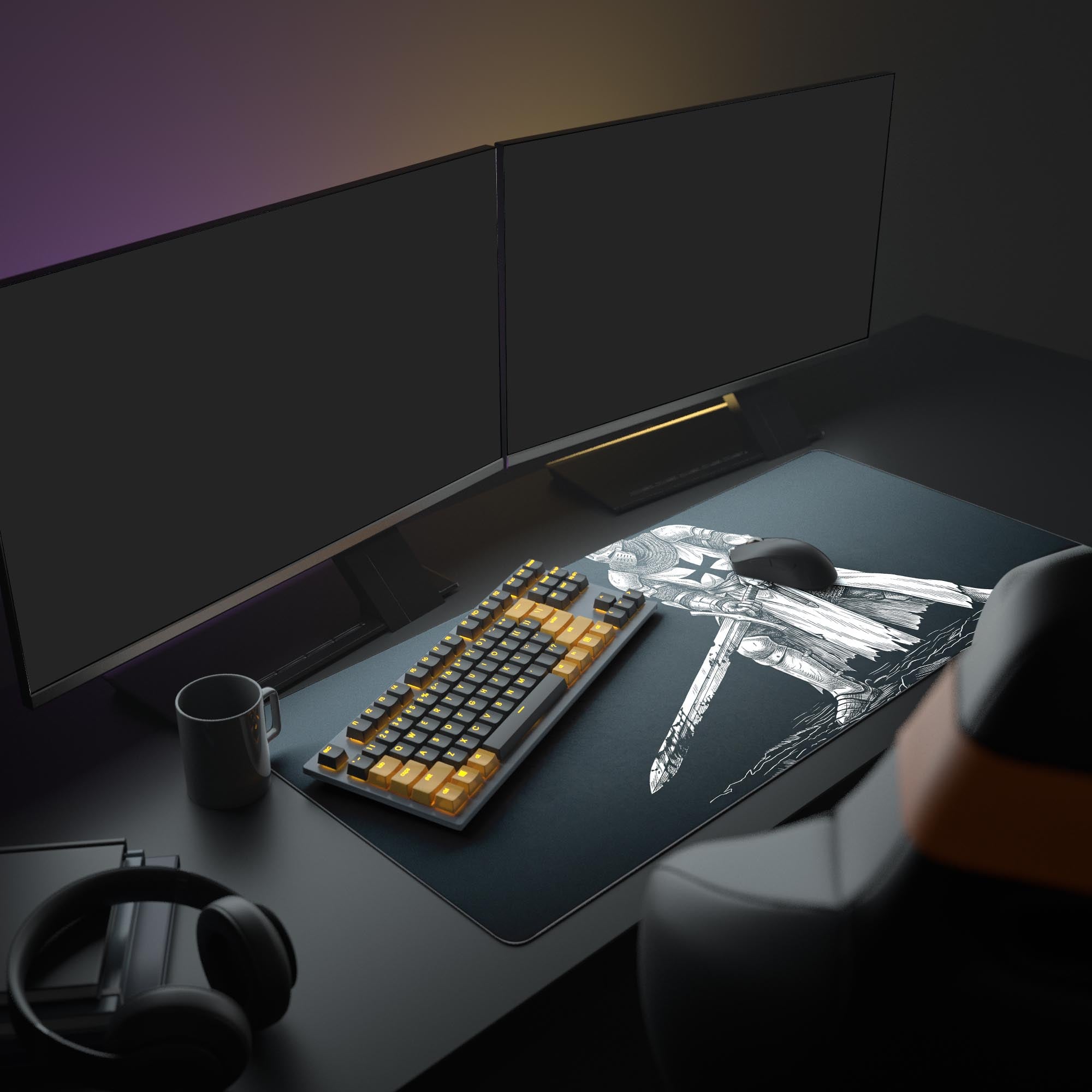 A complete gaming setup showcasing the monochrome Crusader's Stance XL mouse pad, providing ample space for a gaming keyboard and mouse under a large monitor. - Epic Design Pads & Mousepads