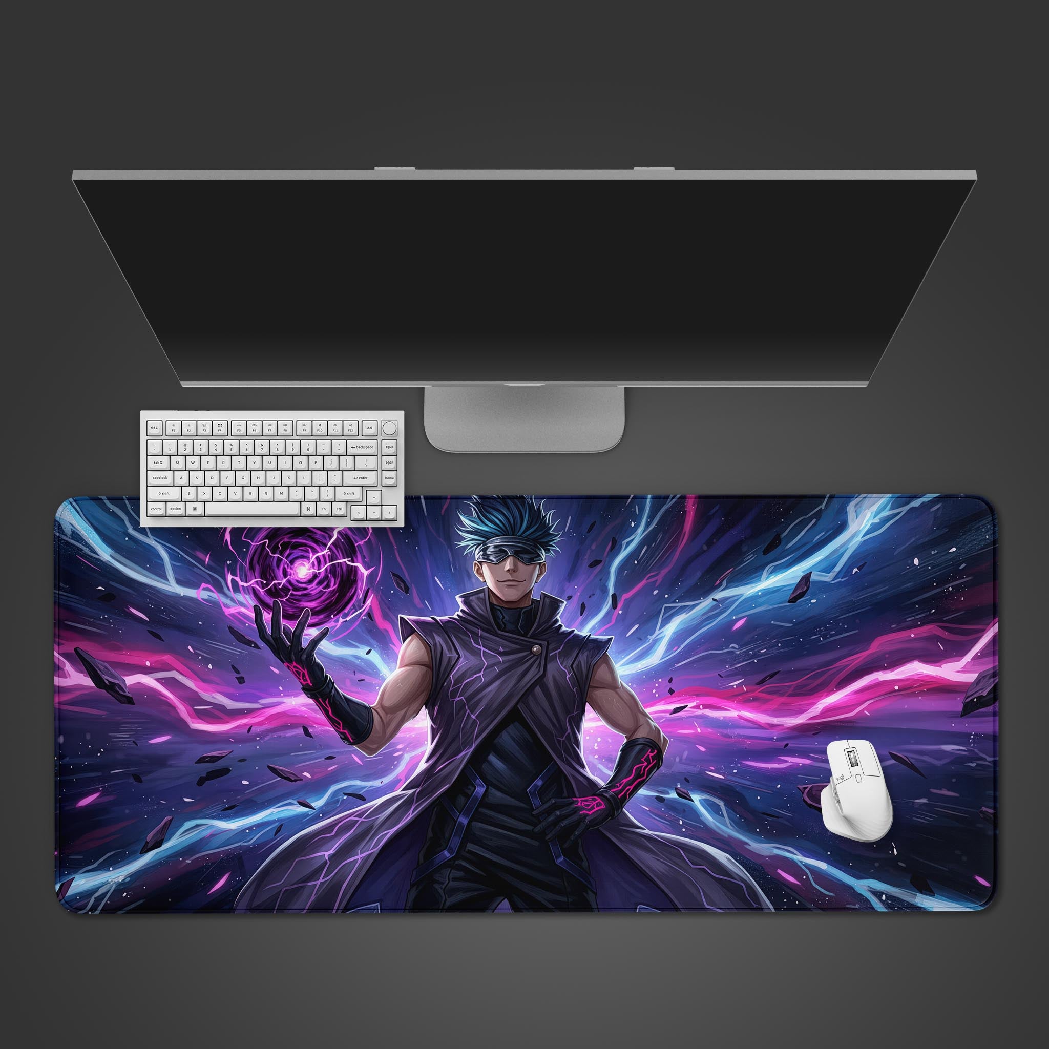 Cursed Power anime desk mat with purple energy design, shown from a top-down view on a desk with a gaming keyboard and mouse. - Epic Design Pads