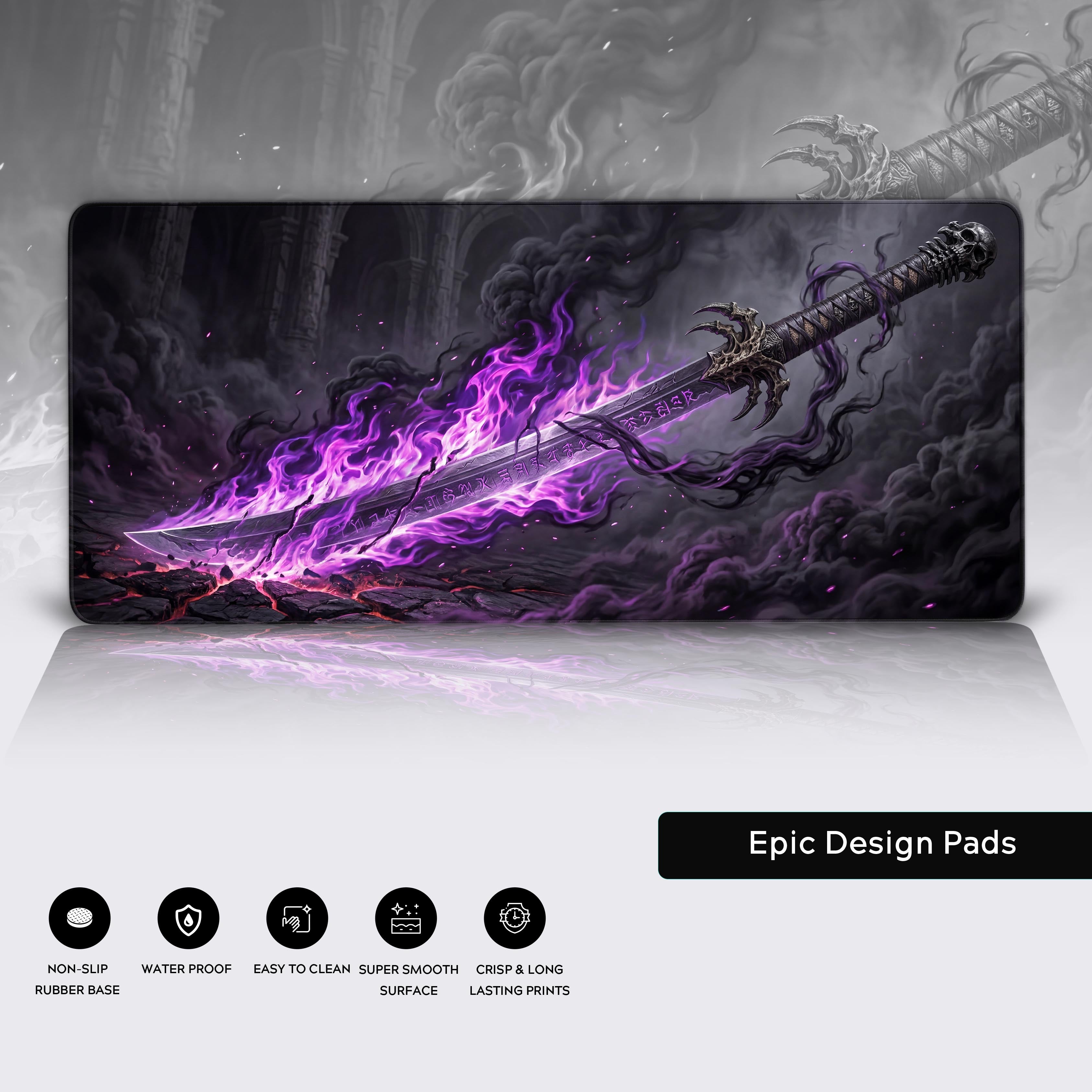 Epic Design Pads desk mat with feature icons: non-slip, waterproof, easy to clean, super smooth, and crisp prints