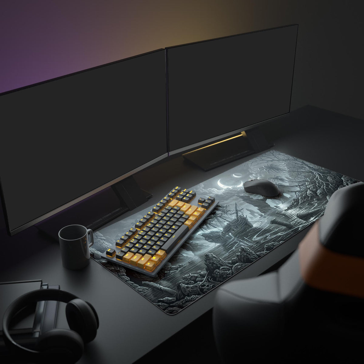 A full gaming PC setup featuring the Cursed Sails dark fantasy gaming desk mat. The moody ghost ship design complements the glowing keyboard and multiple monitors for an immersive experience. - Epic Design Pads & Mousepads