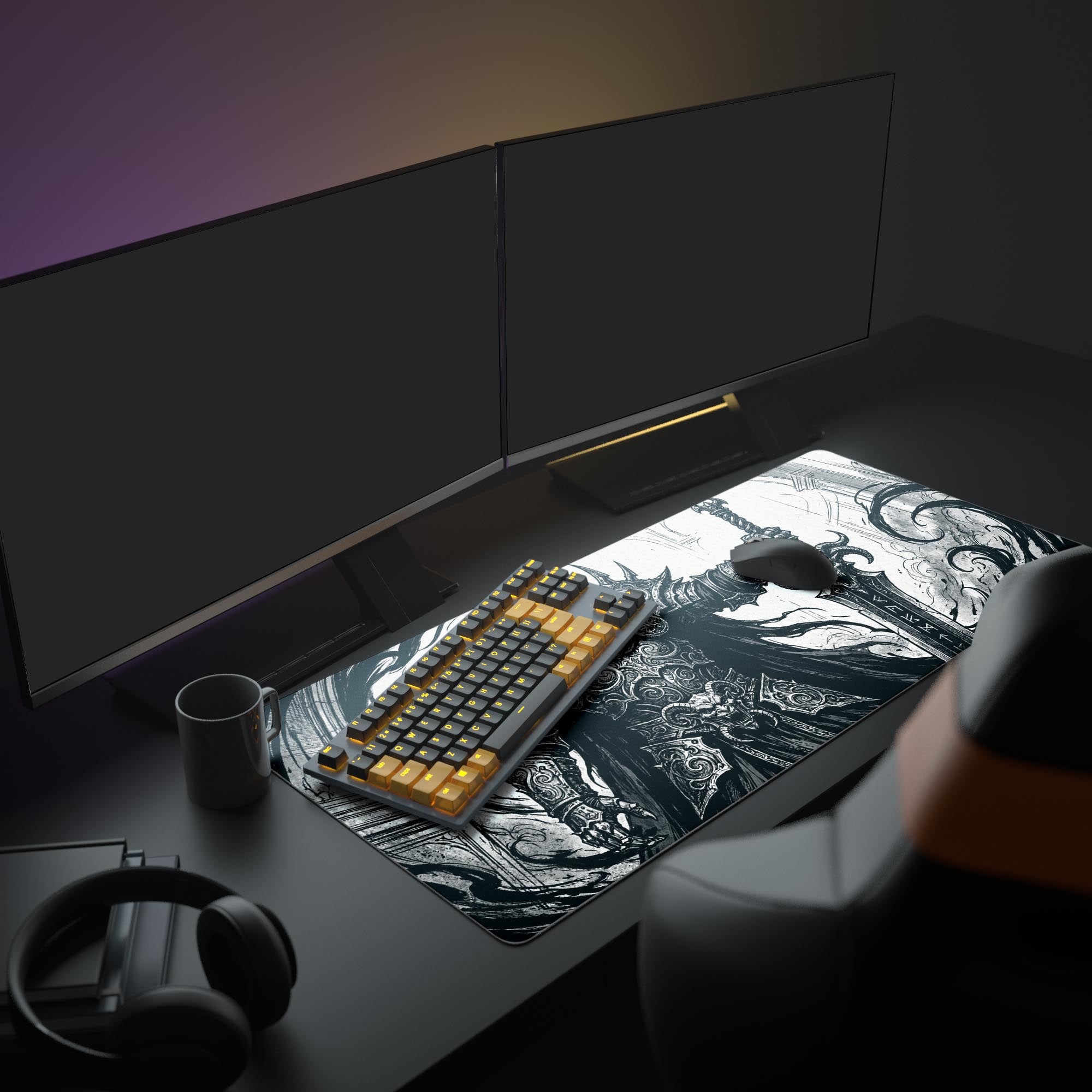 A full PC gaming setup featuring the Cursed Sovereign XL mouse pad, its monochrome knight design unifying the space beneath dual monitors. - Epic Design Pads & Mousepads