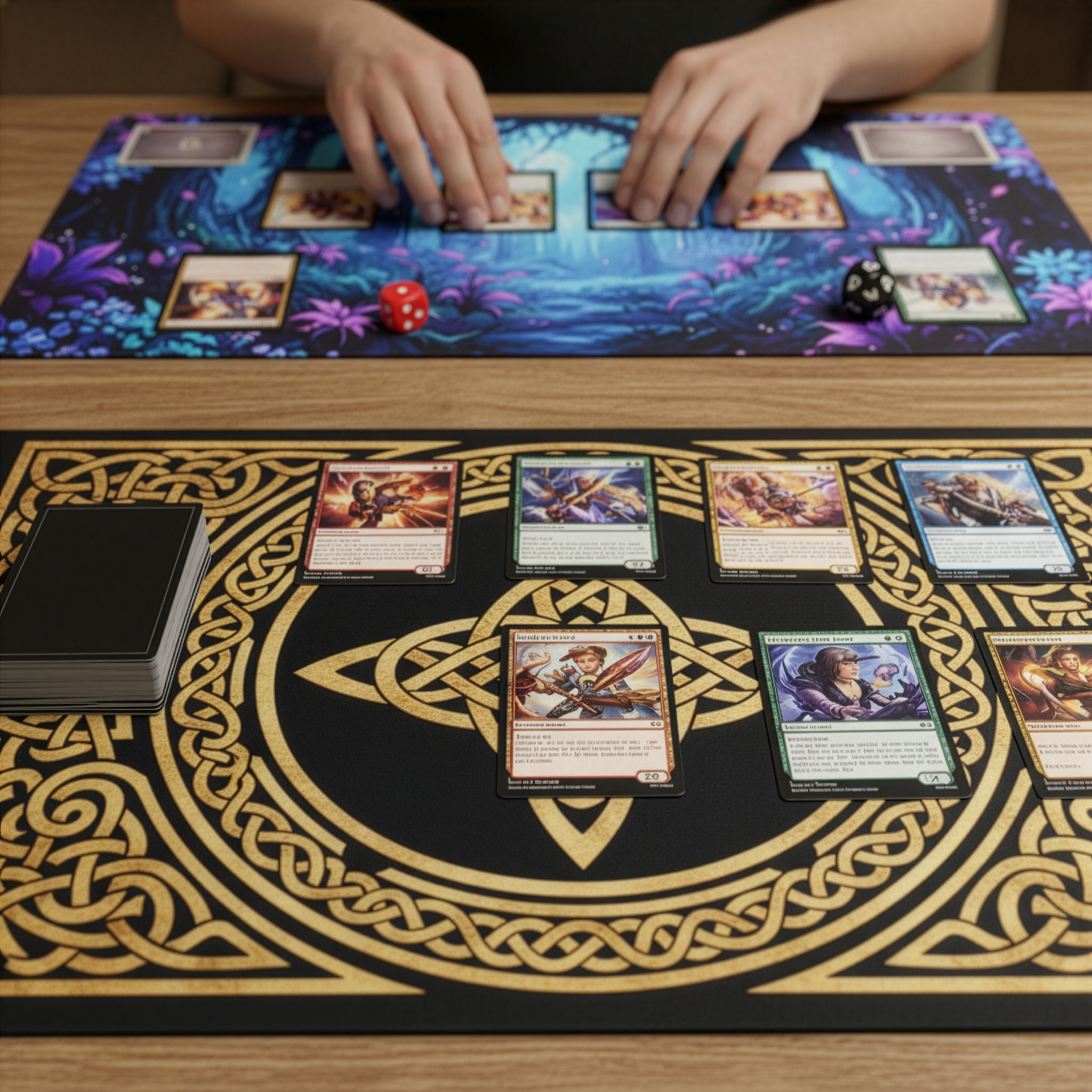 Card game in progress on a custom play mat with cards and dice.