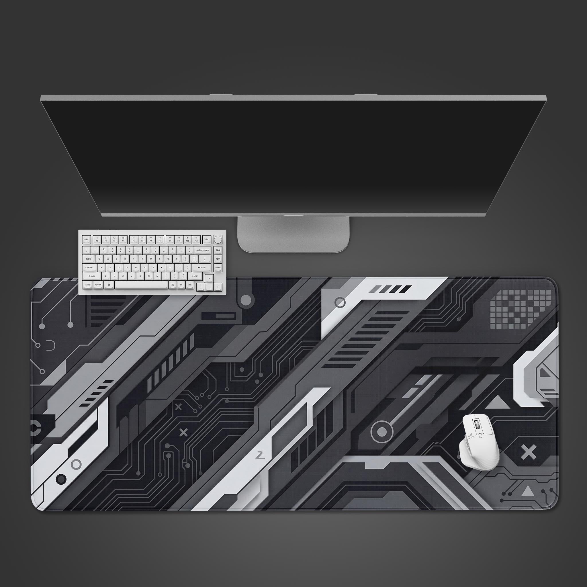 Cyberpunk desk mat with a glowing blue and purple circuit design. Top-down view on a desk with a gaming keyboard and mouse. - Epic Design Pads & Mousepads