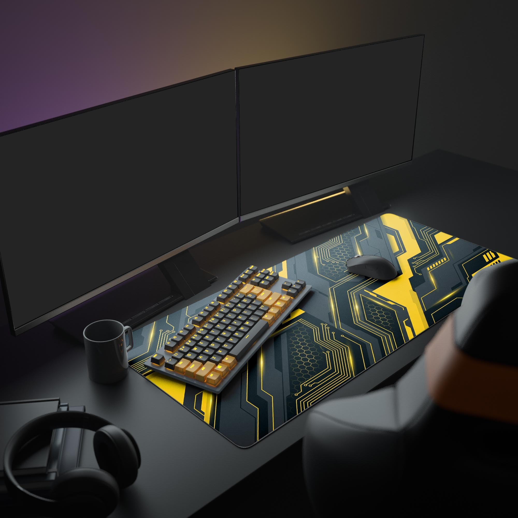 Large Cyber Circuit gaming desk mat as the centerpiece of a full battlestation with dual monitors, headphones, and custom lighting. - Epic Design Pads & Mousepads