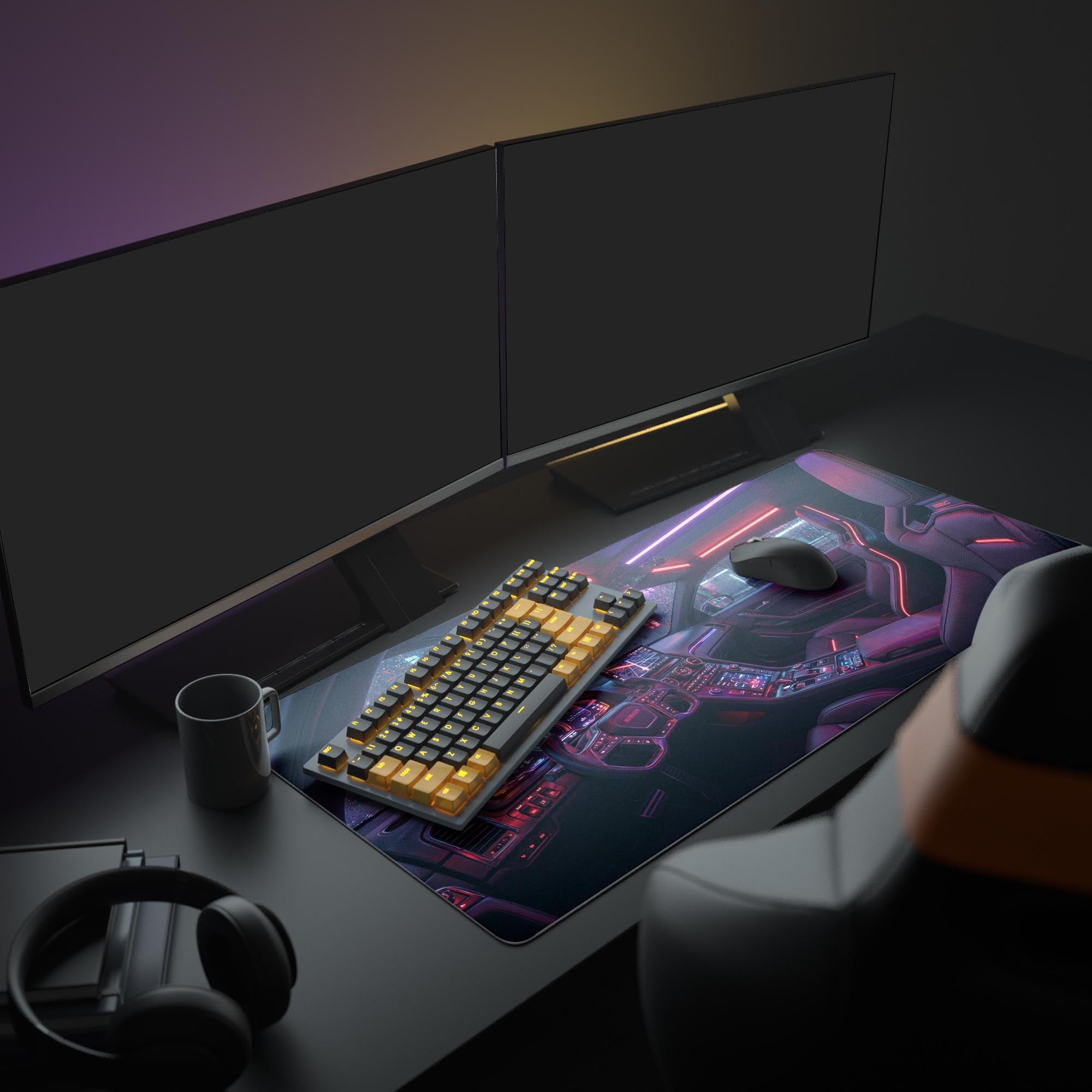 Large Cyberpunk desk mat showing a neon city through a rainy windshield – featured in a full gaming setup with dual monitors and RGB lighting. - Epic Design Pads & Mousepads