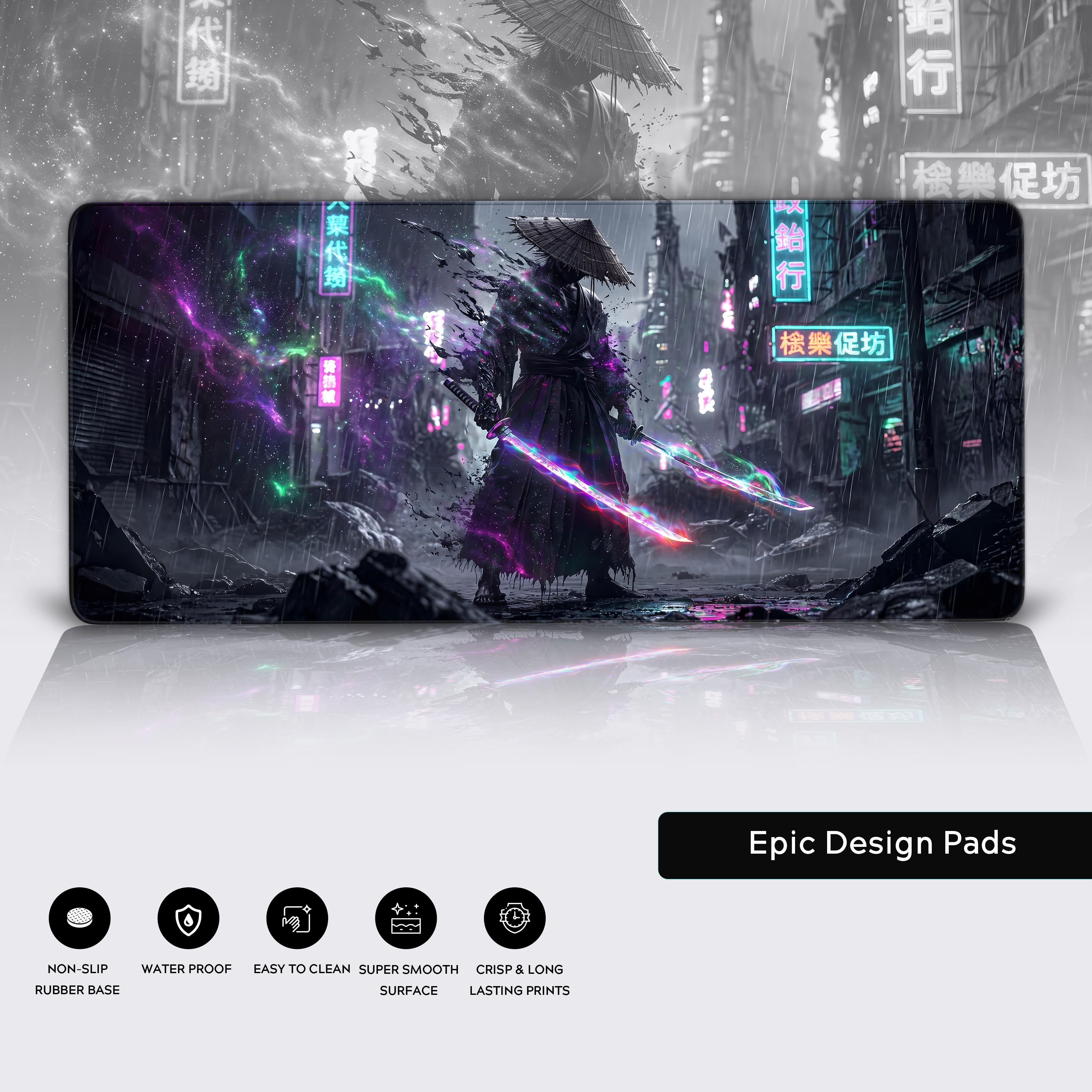 Non-slip rubber base and super smooth surface graphic icons on the cyberpunk desk mat showcase