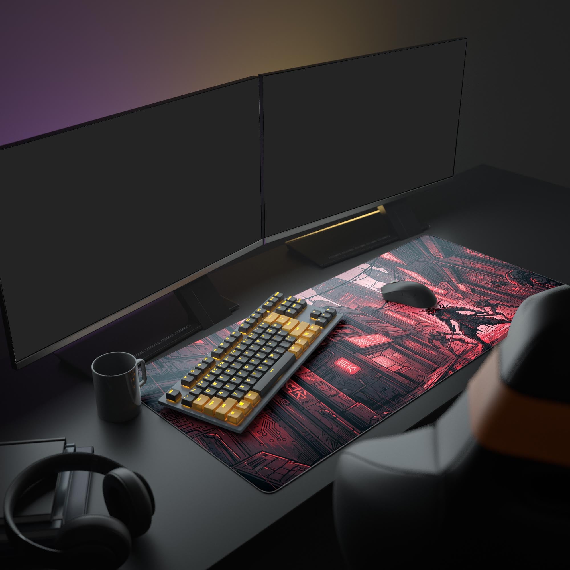 Close-up of the red and black cyberpunk city artwork on the smooth surface gaming mouse pad.