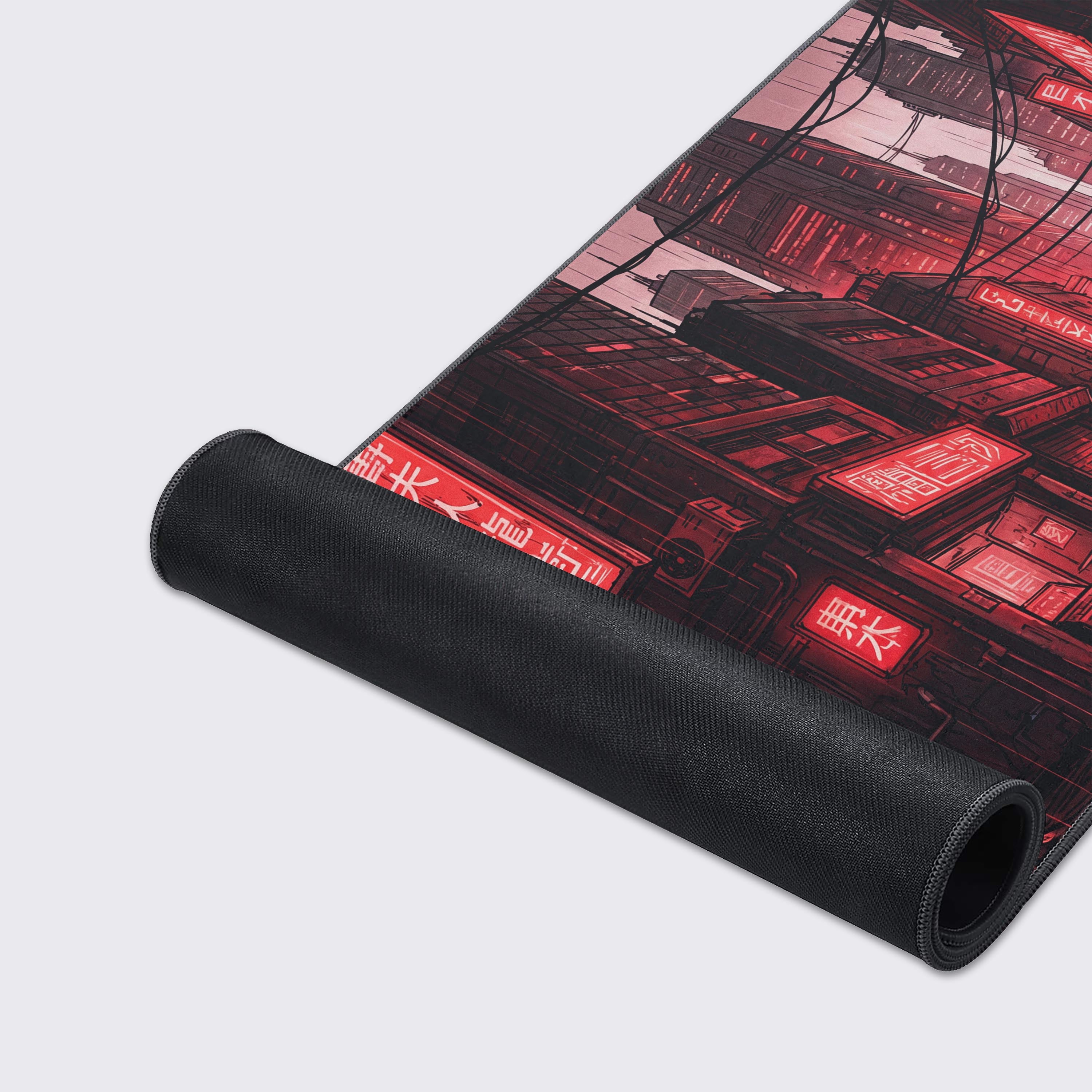 Reflection of the neon dystopian samurai artwork showing the vibrant, crisp print quality of the desk mat.