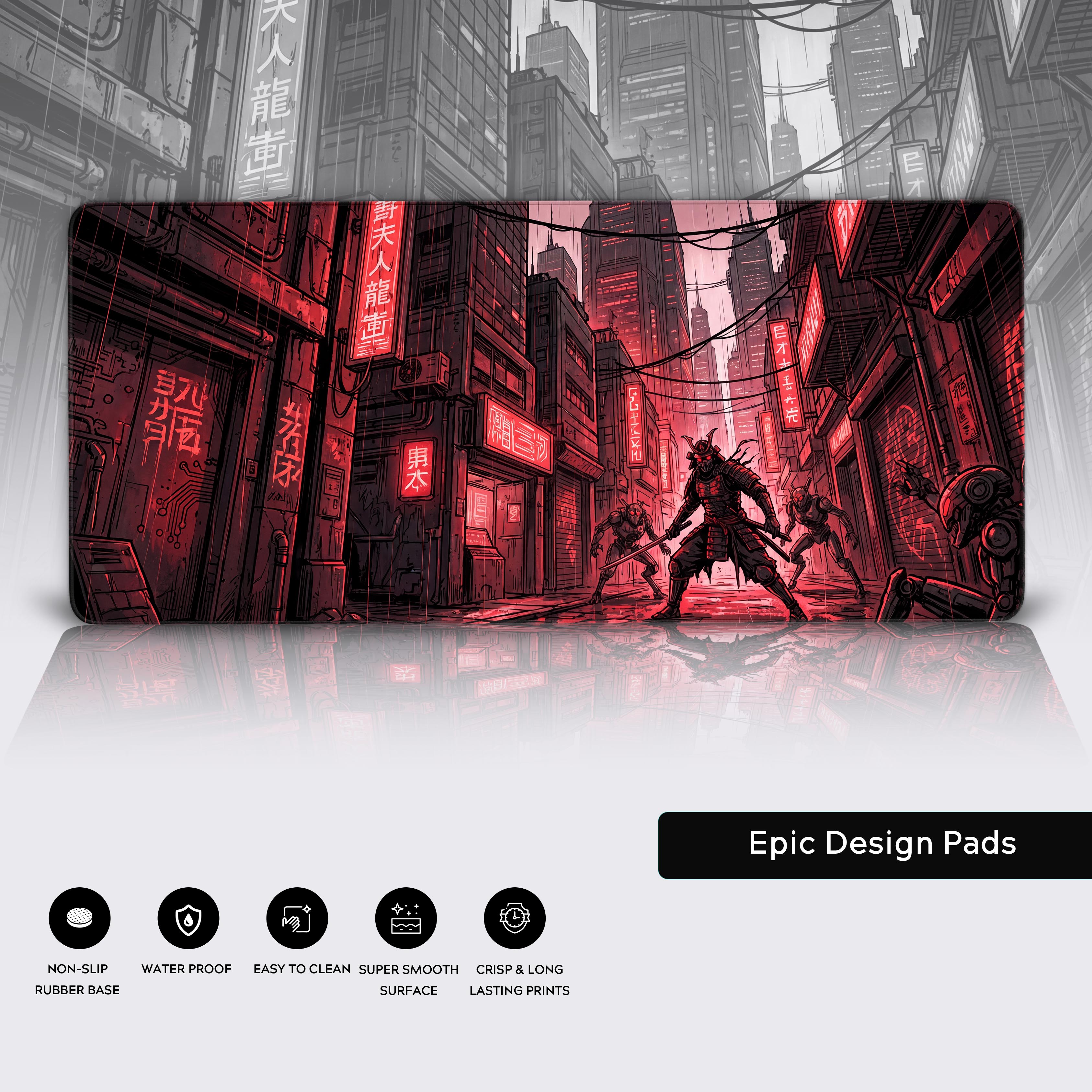 Product feature icons highlighting non-slip rubber base, waterproof design, easy cleaning, and smooth surface.