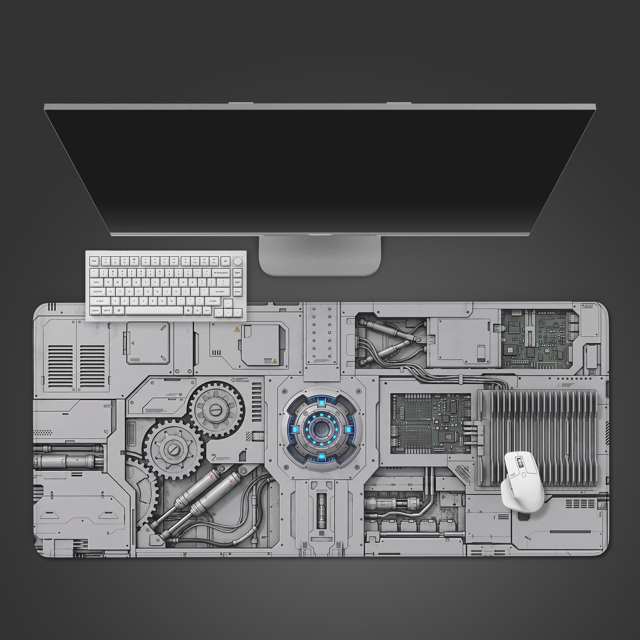 Flat view of the white futuristic mechanical desk mat featuring a glowing blue central reactor.