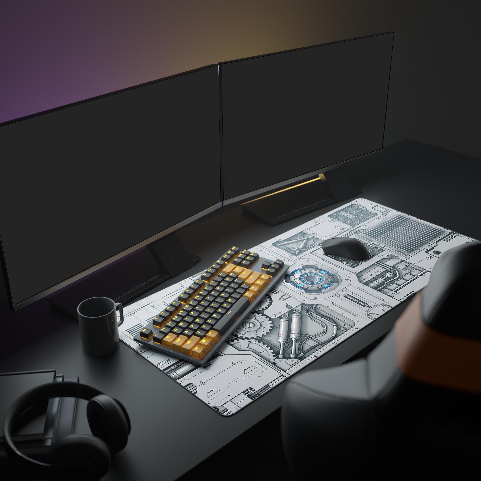 Close-up of the crisp, high-tech gear and circuit board detailing on the sci-fi mouse pad.