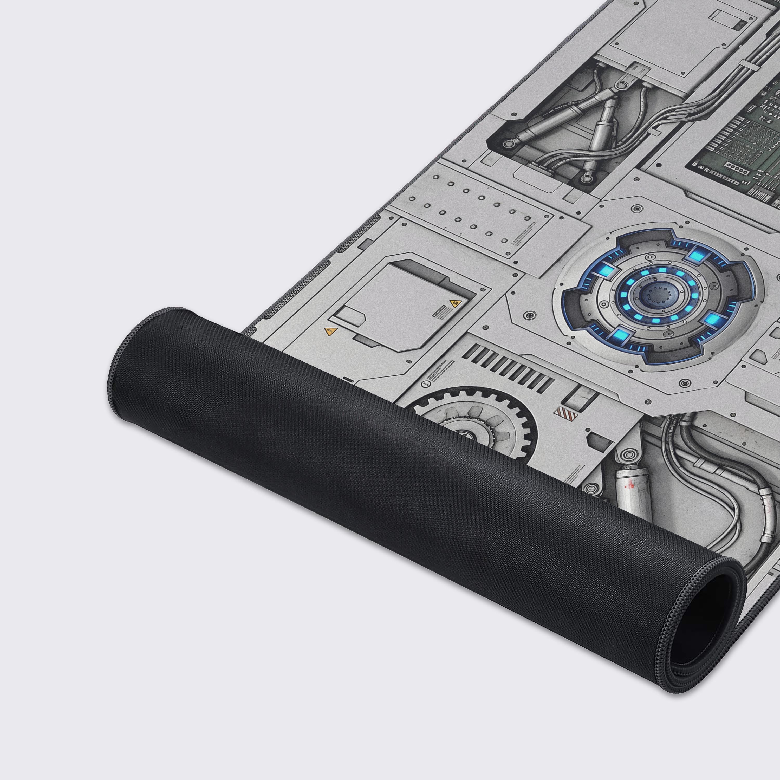 Angled view showcasing the smooth surface and non-slip rubber base of the white mechanical desk pad.