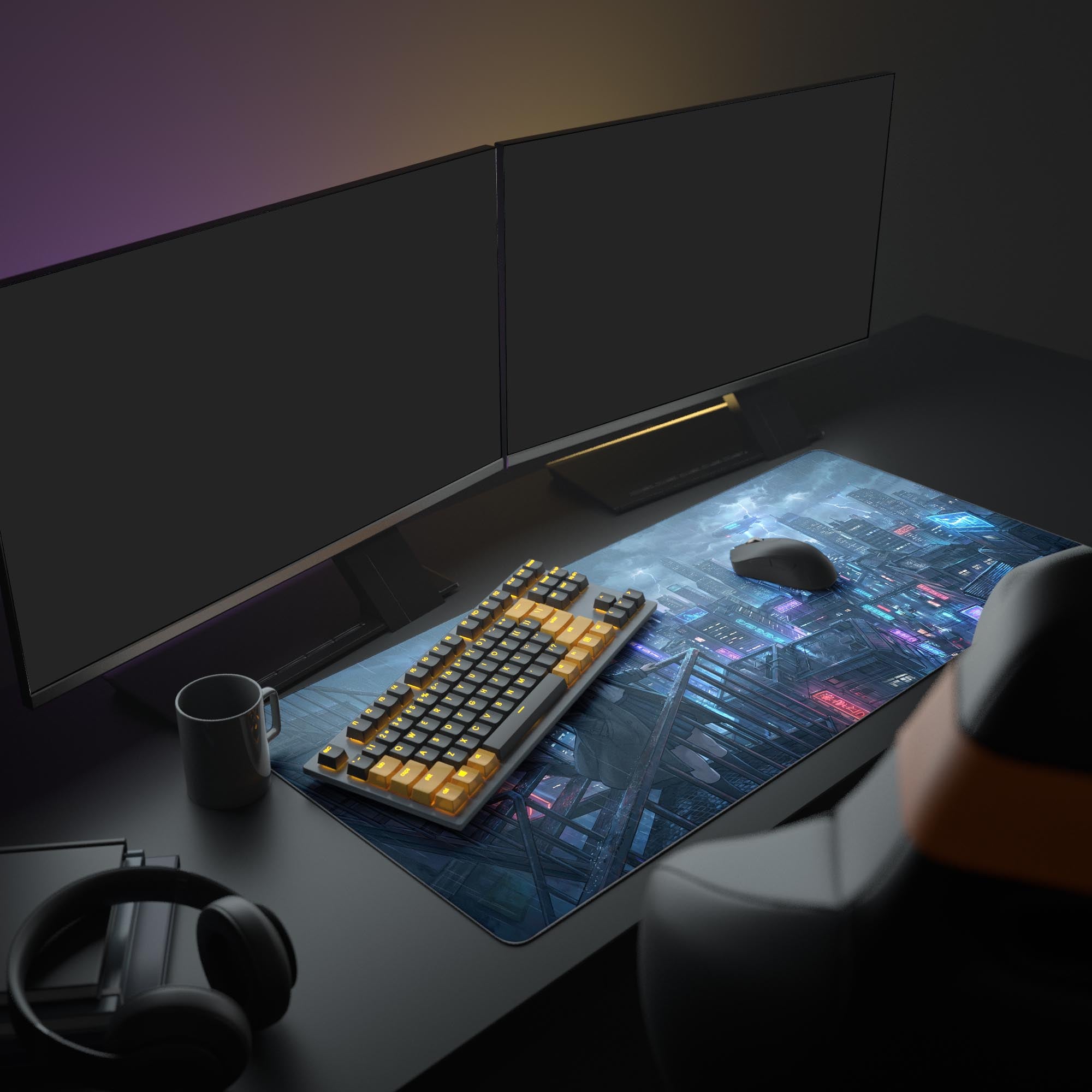 Close-up of the waterproof gaming mouse pad showing detailed storm clouds, airships, and vibrant purple city lights