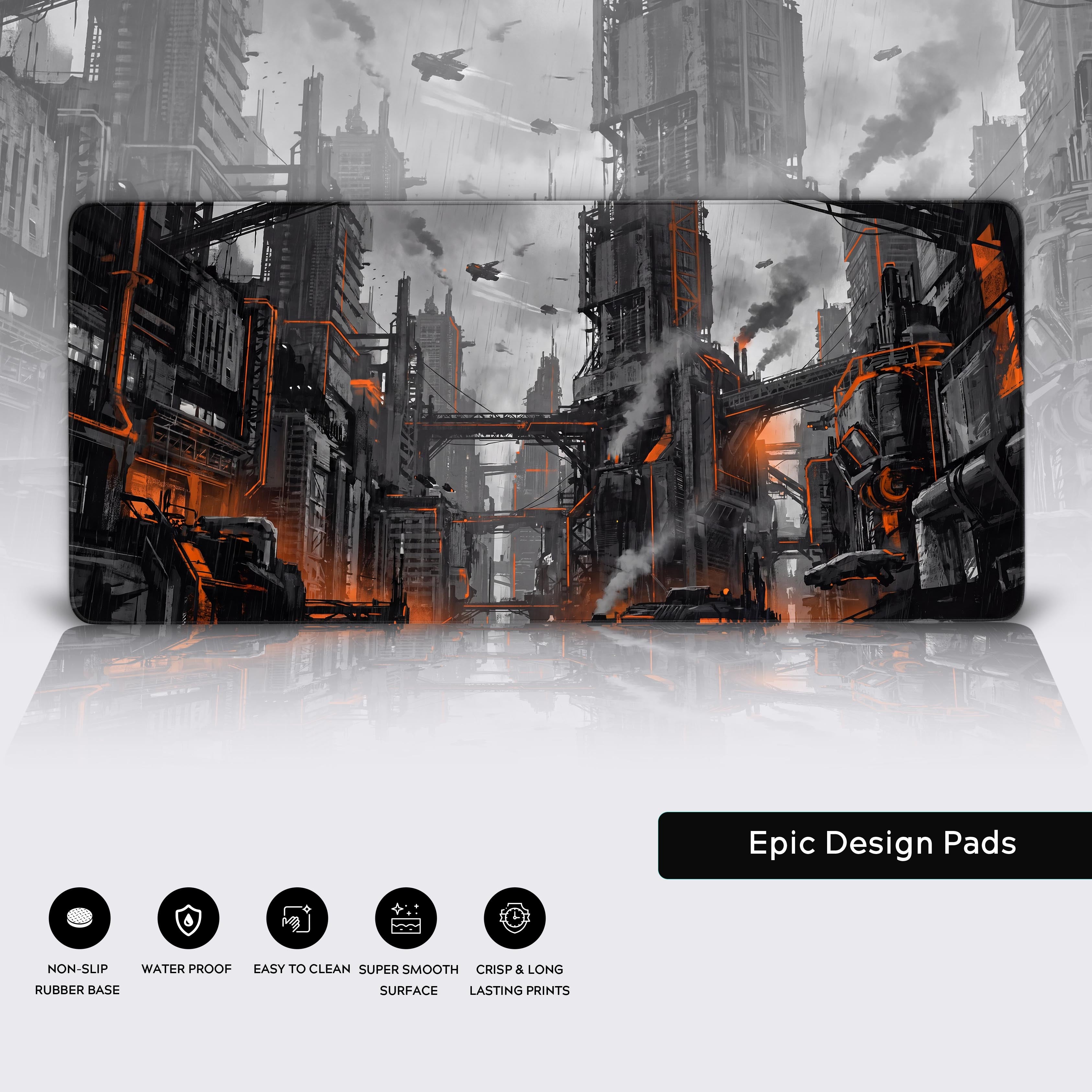 Epic Design Pads logo next to a reflection of the futuristic orange and grey cityscape mouse pad.