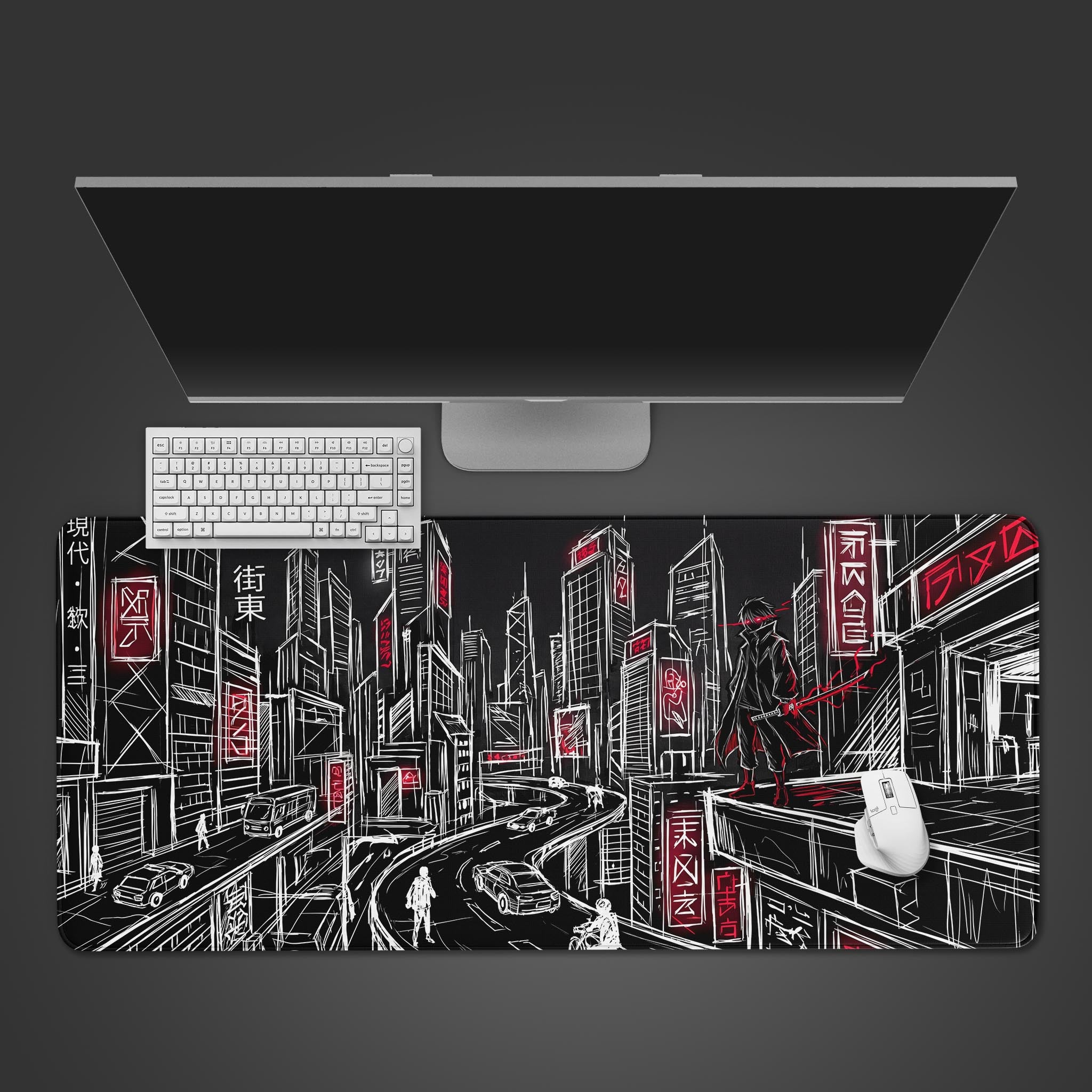 Black and white cyberpunk city sketch desk mat with neon red accents
