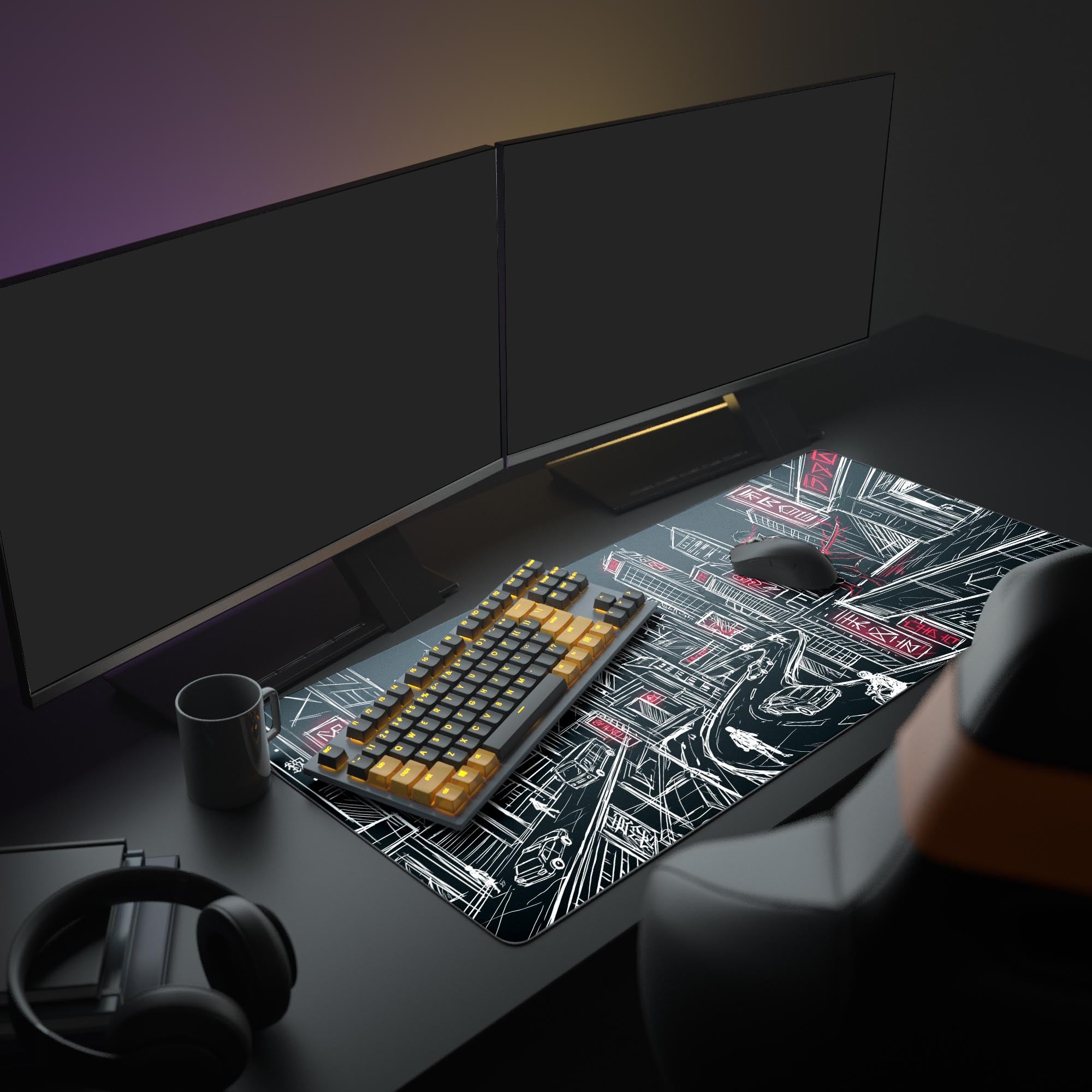 Close-up of anime swordsman with glowing red blade on gaming mouse pad