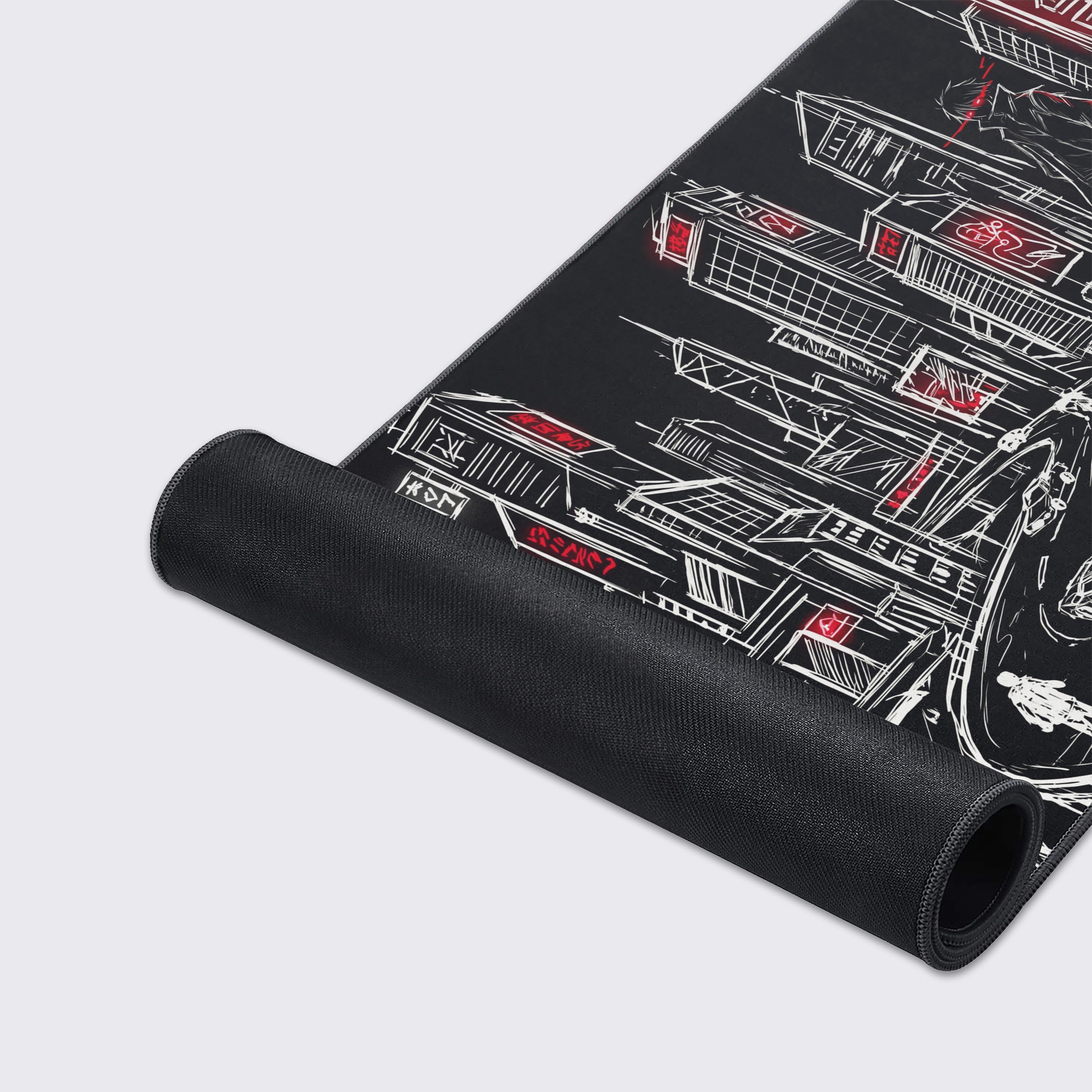 Futuristic cityscape highway and glowing neon signs art on extra large desk pad