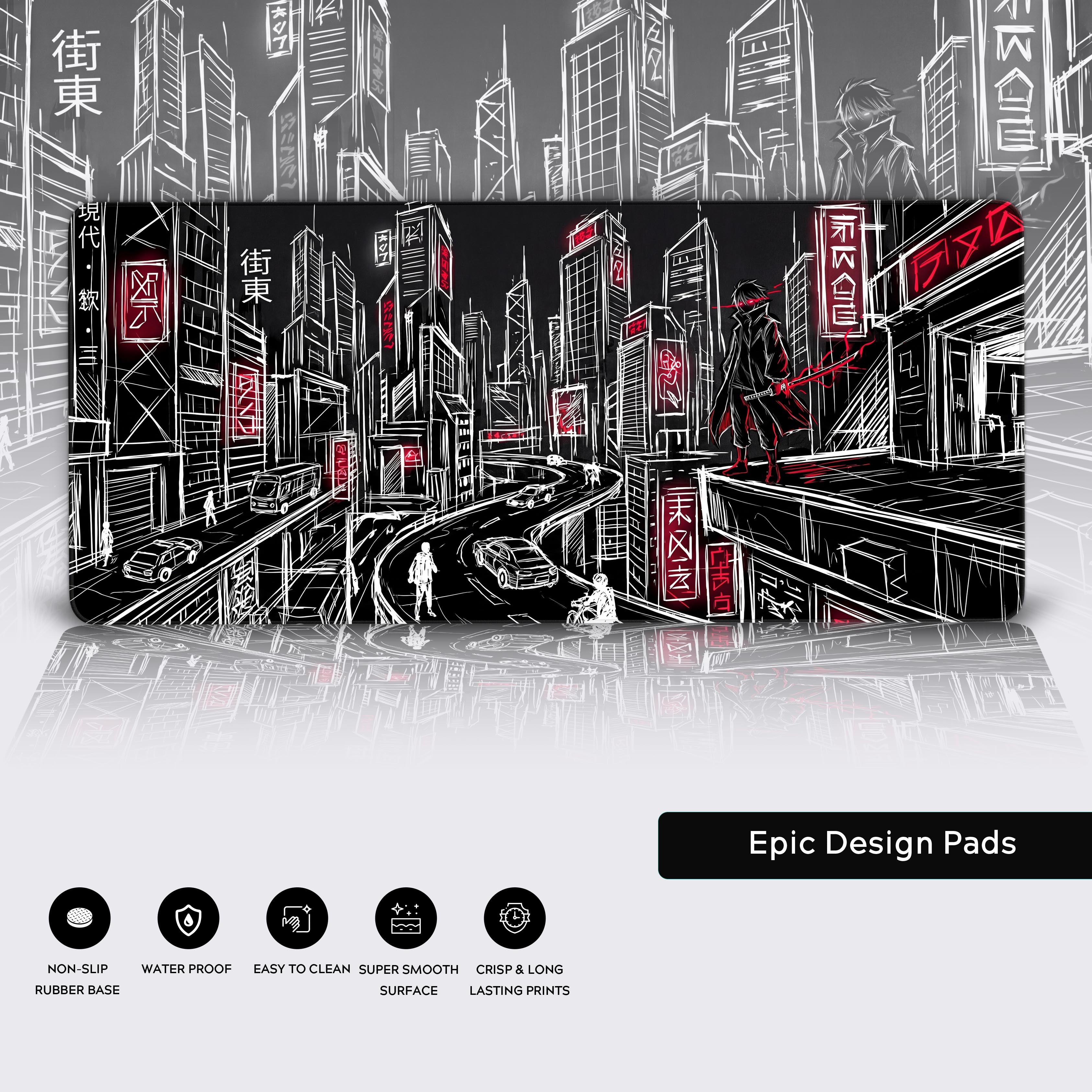 Epic design pads features showing waterproof non-slip and smooth surface icons for gaming mats