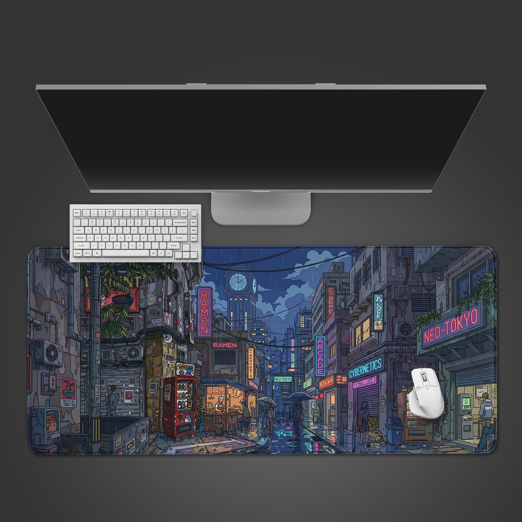 A large desk mat featuring a detailed, cyberpunk-style rainy city street with glowing neon signs for Ramen, Cybernetics, and Neo-Tokyo.