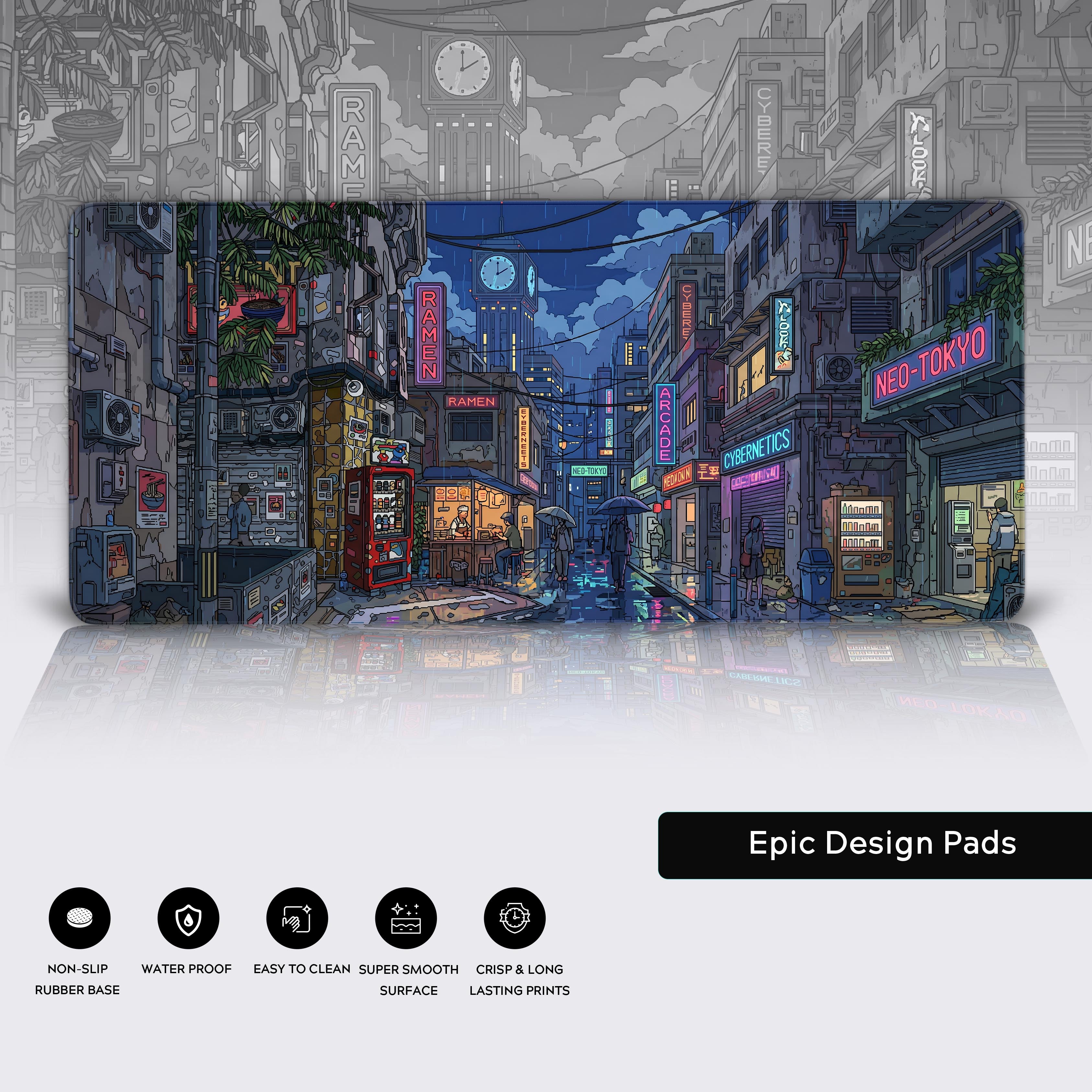 Desk mat featuring a rainy futuristic city scene with vibrant pink and blue neon lights illuminating the wet streets.
