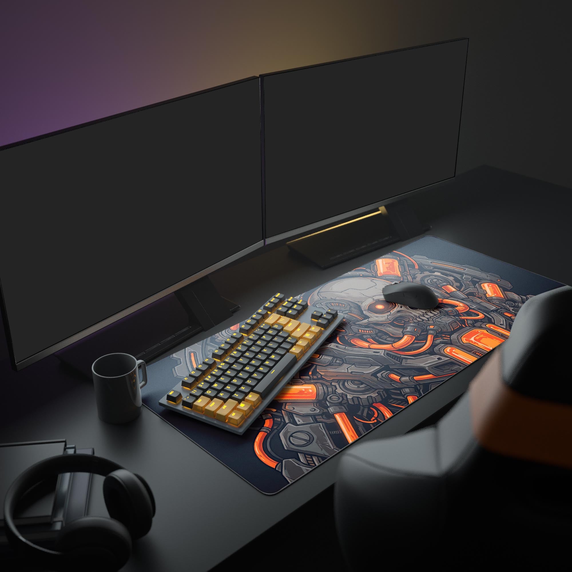 Close-up of the crisp, high-resolution print showing intricate gears and neon orange sci-fi details on the mouse pad
