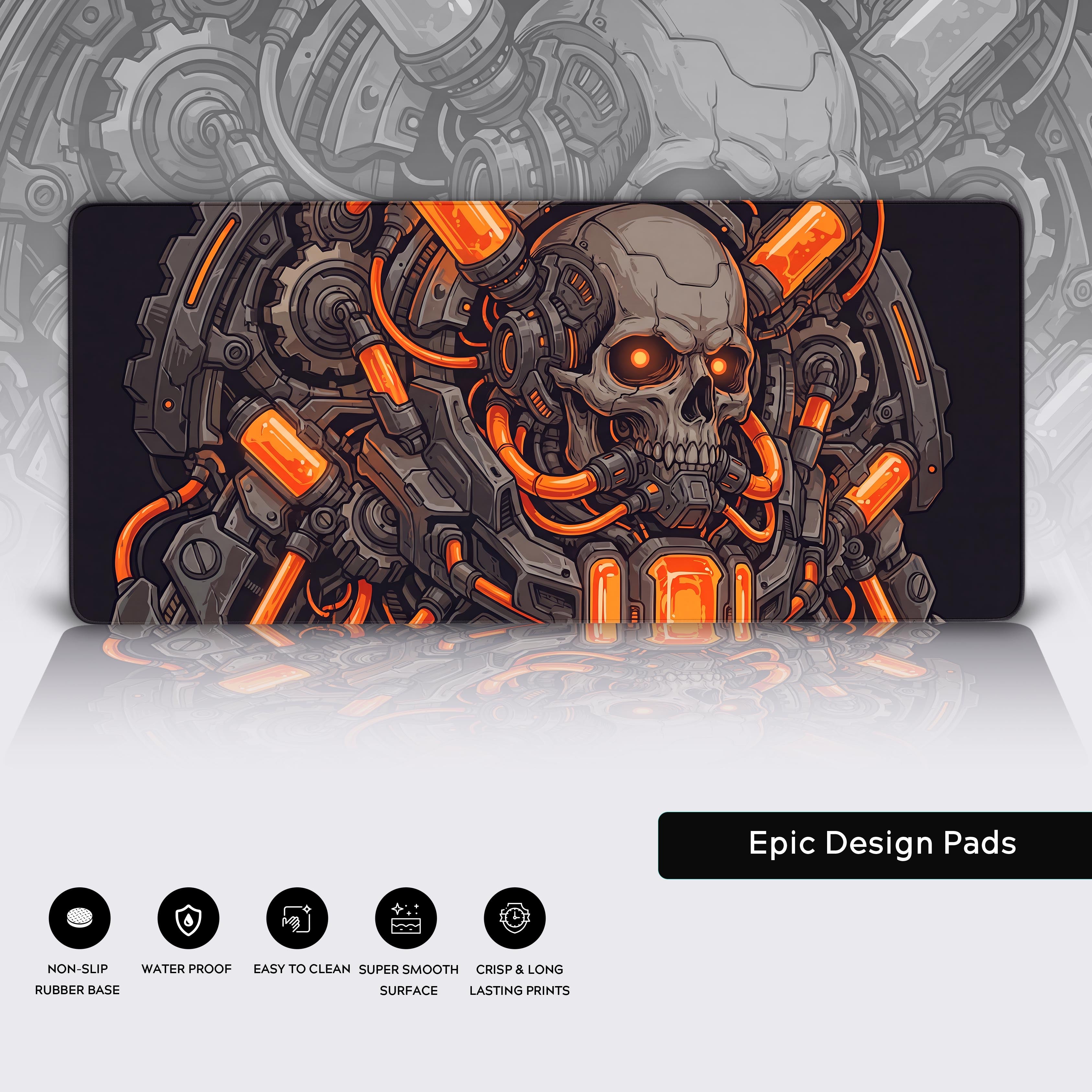 Feature icons displaying non-slip rubber base, waterproof, easy to clean, smooth surface, and crisp lasting prints for the desk mat