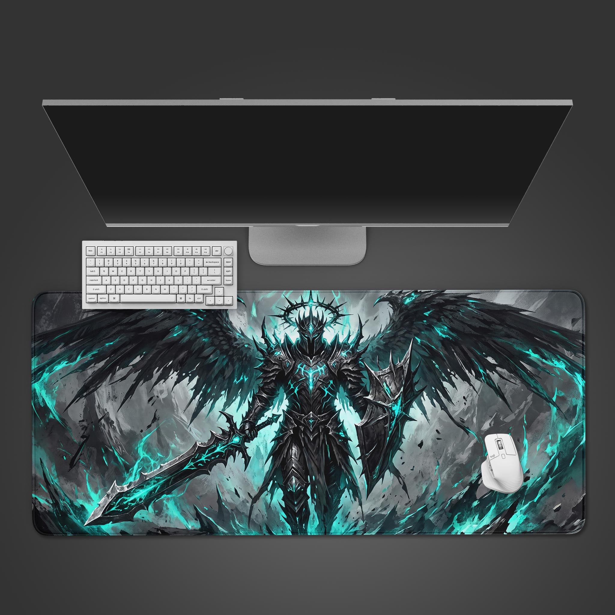 A large desk mat featuring an imposing dark armored angel with black wings and glowing cyan energy.
