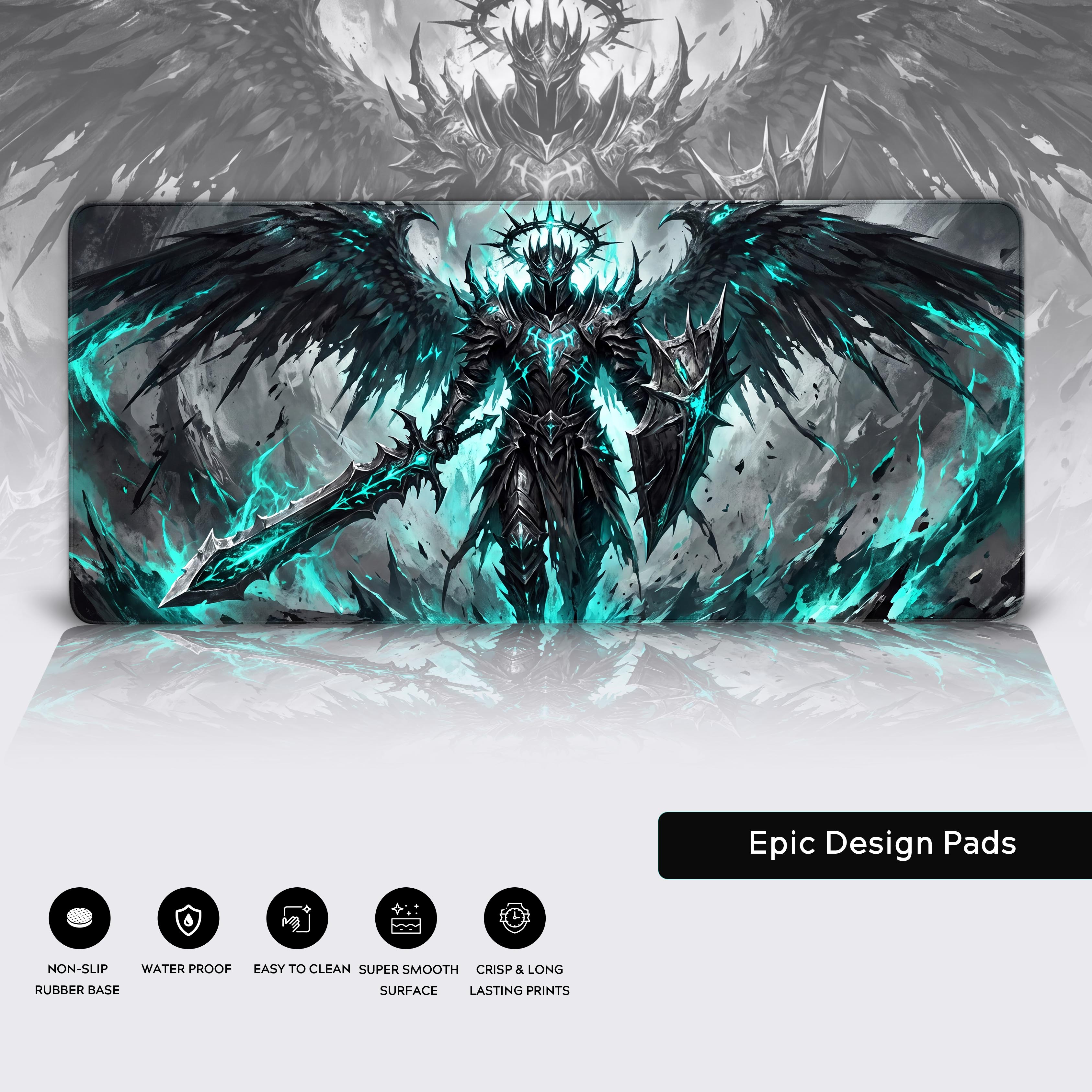 Product mockup of the dark angel desk mat highlighting its vibrant cyan and black color palette.