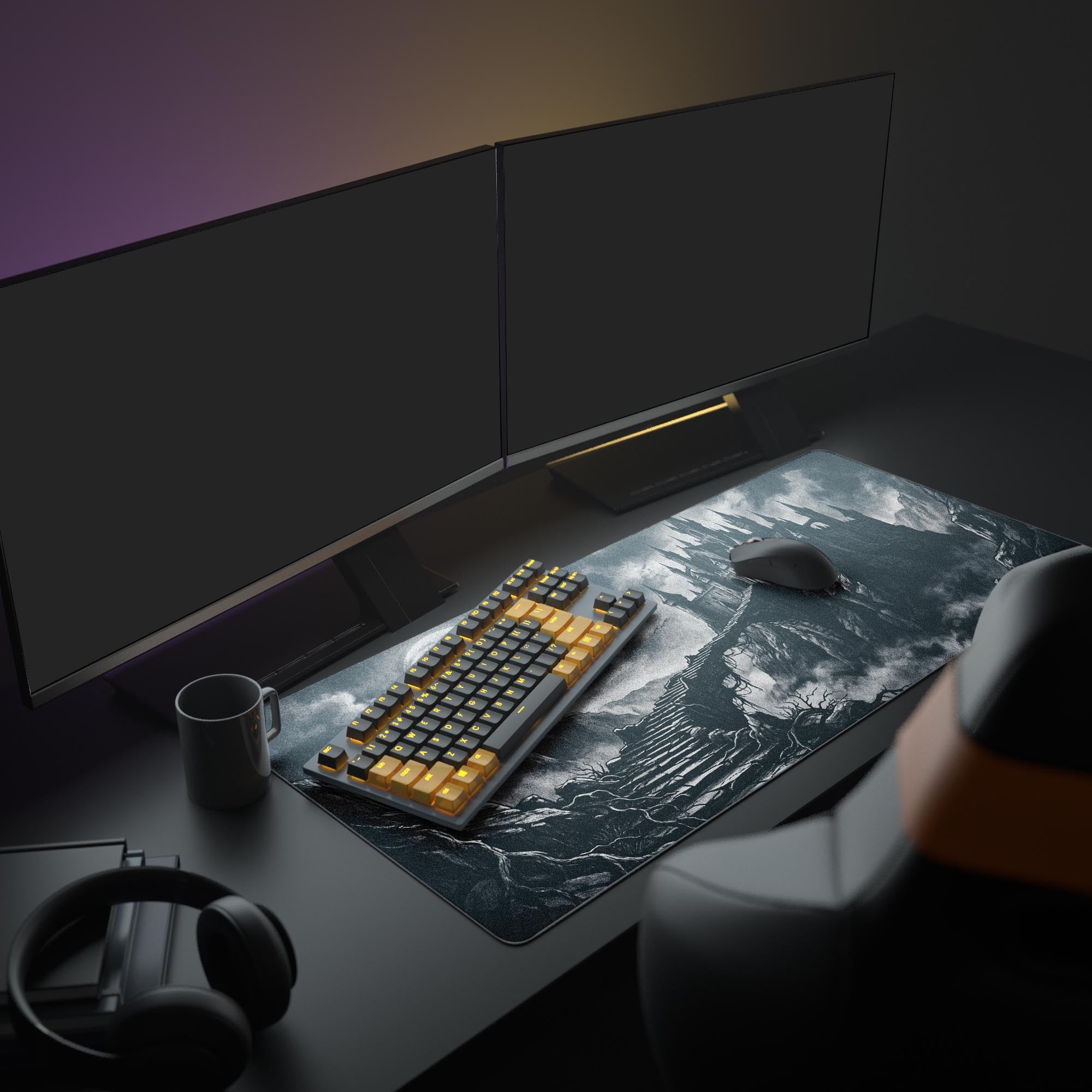Close-up of the crisp grayscale print on the Dark Fortress gaming mouse pad
