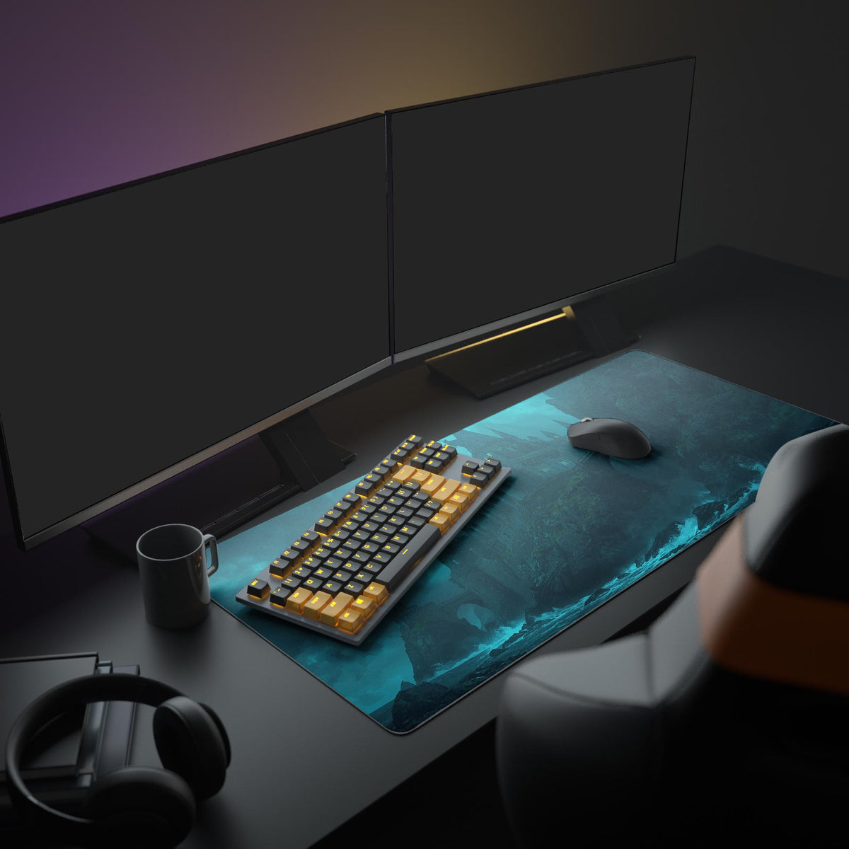 Large Dark Citadel desk mat in a complete gaming setup with dual monitors, mechanical keyboard, and headphones, showcasing its gothic castle design. - Epic Design Pads