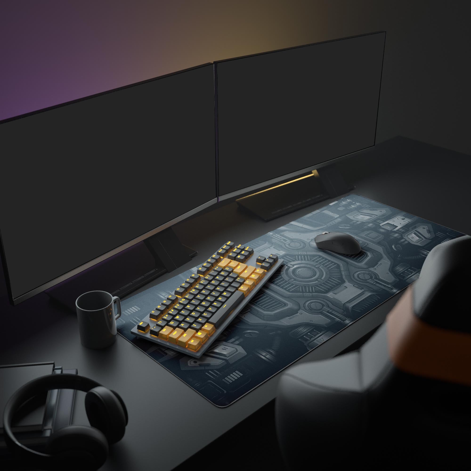 A complete gaming setup featuring the industrial-themed Dark Engine XL mouse pad, providing ample space for a keyboard and mouse under multiple monitors. - Epic Design Pads & Mousepads
