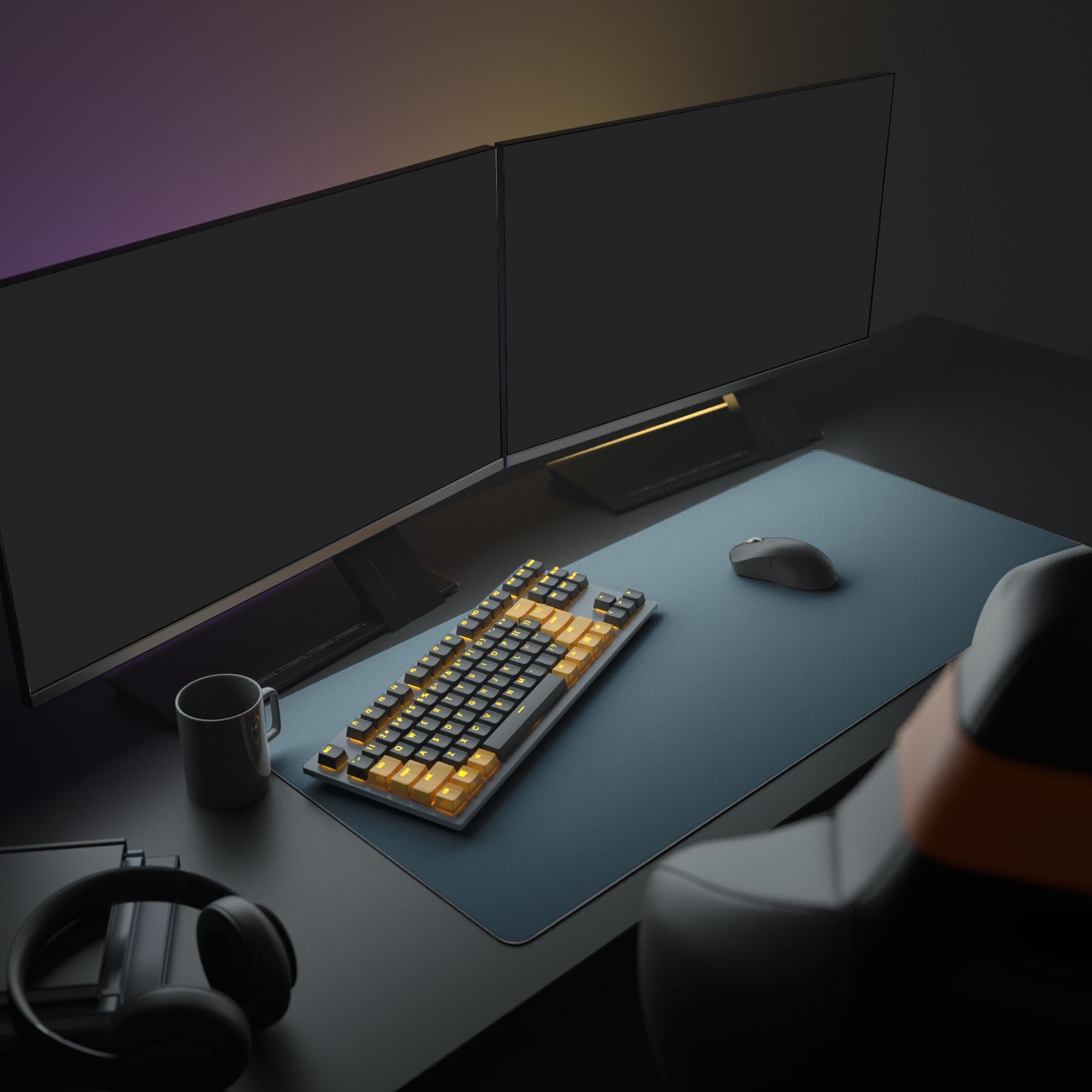 A complete minimalist PC setup featuring the Dark Gray XL mouse pad, creating a focused environment with a monitor and gaming peripherals. - Epic Design Pads & Mousepads