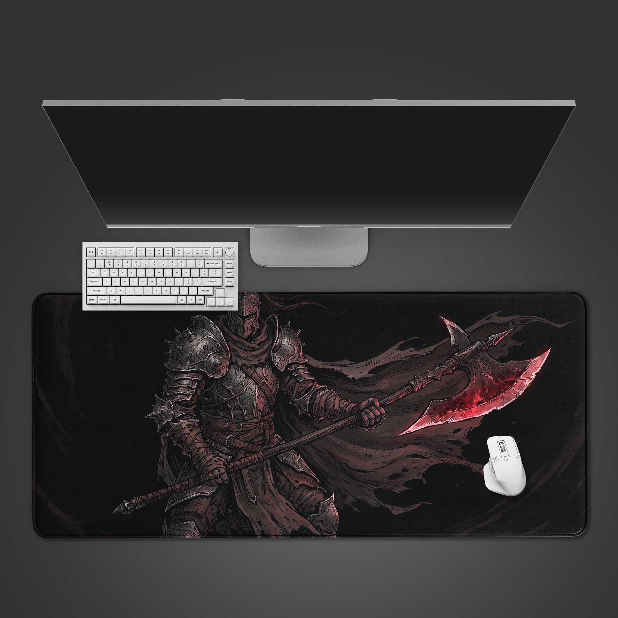 Dark fantasy knight wielding a glowing red axe on an XL gaming desk mat