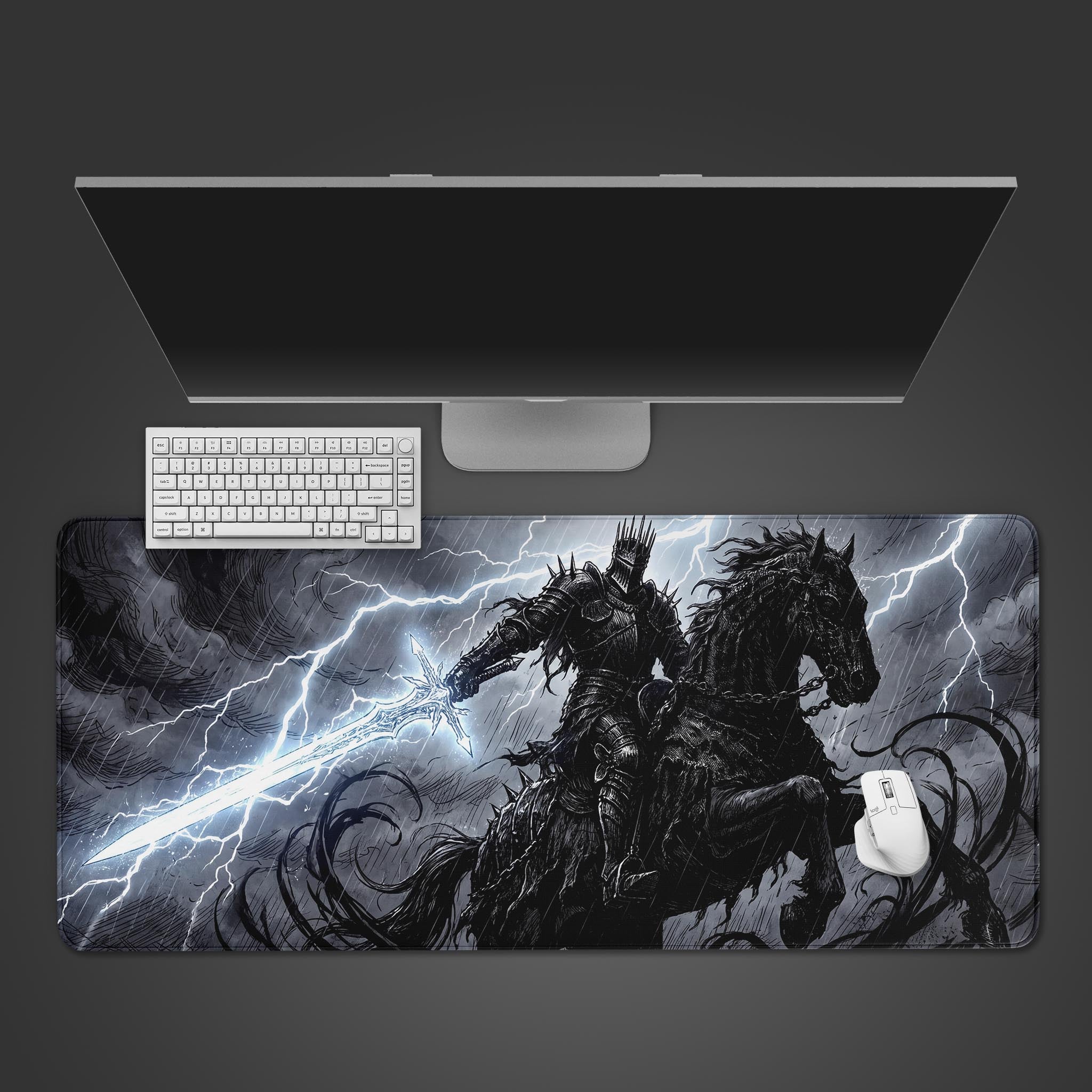Dark fantasy knight riding a black horse wielding a glowing lightning sword on a desk mat