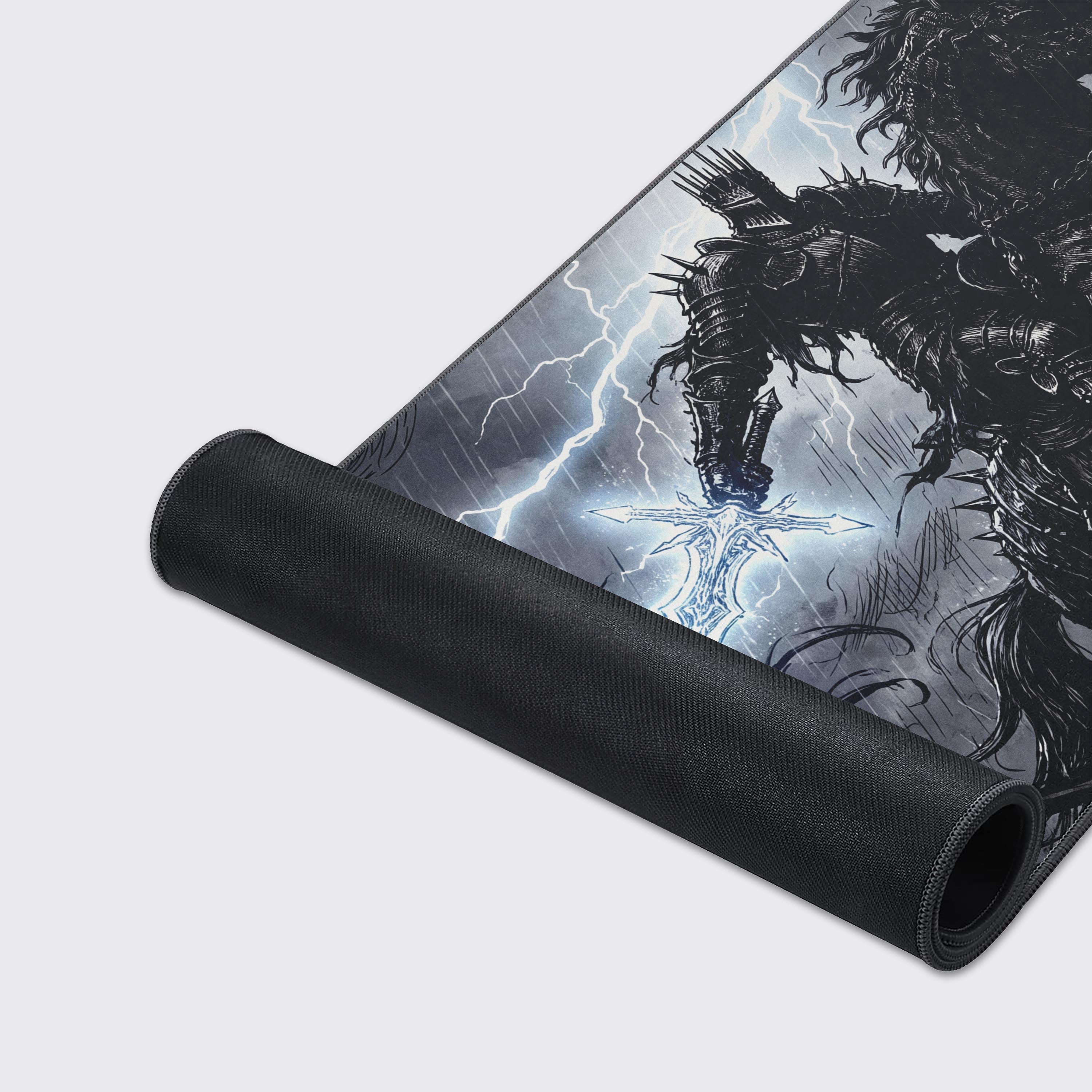 Top-down view of the epic storm knight mouse pad showing the deep black and grey cloudy background