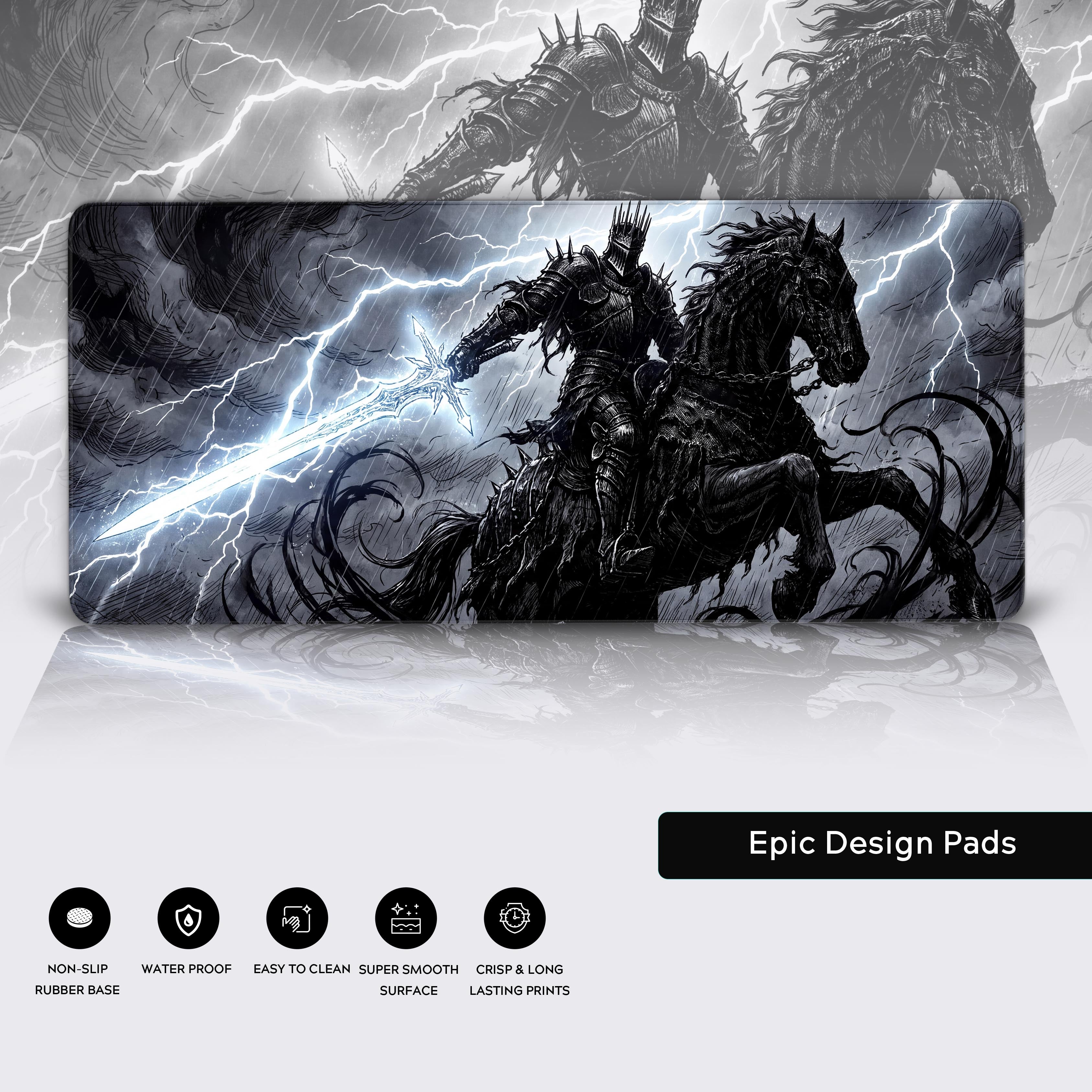 Product feature graphic showing the dark knight desk mat with icons for non-slip rubber base, waterproof, easy to clean, super smooth surface, and crisp lasting prints