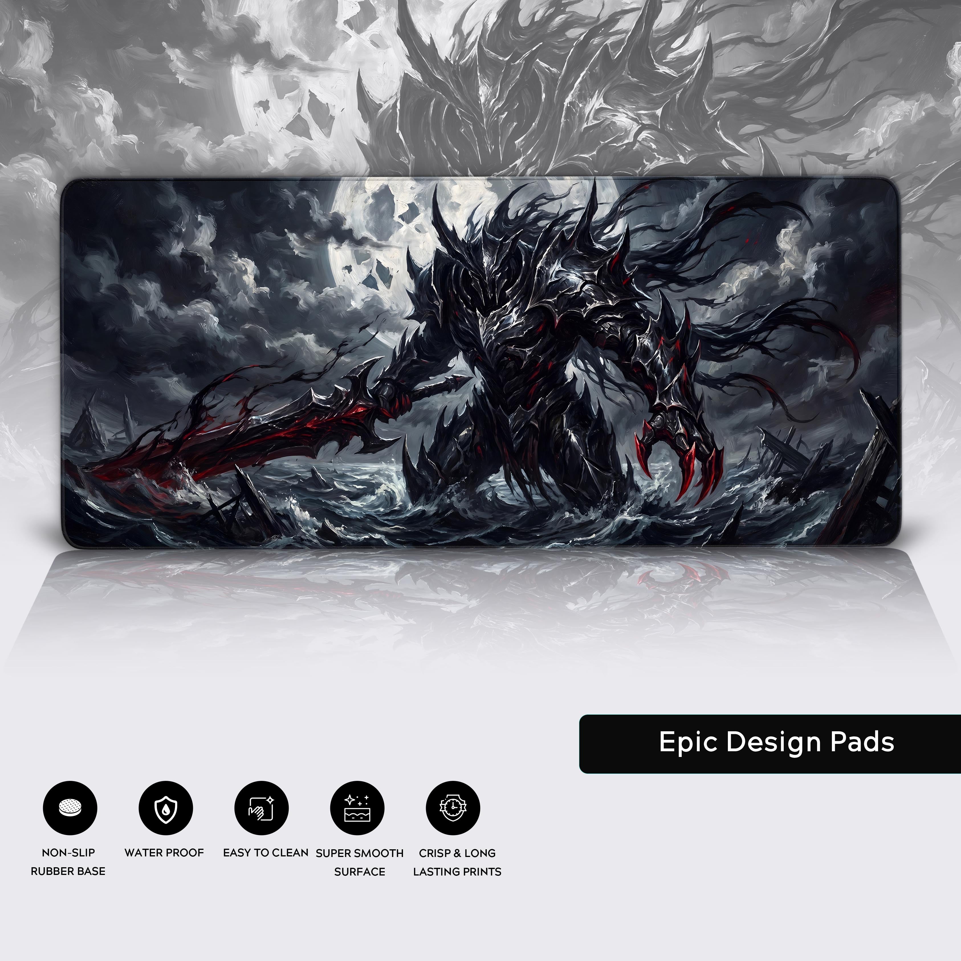 Dark fantasy knight mouse pad anchoring an aesthetic PC gaming setup