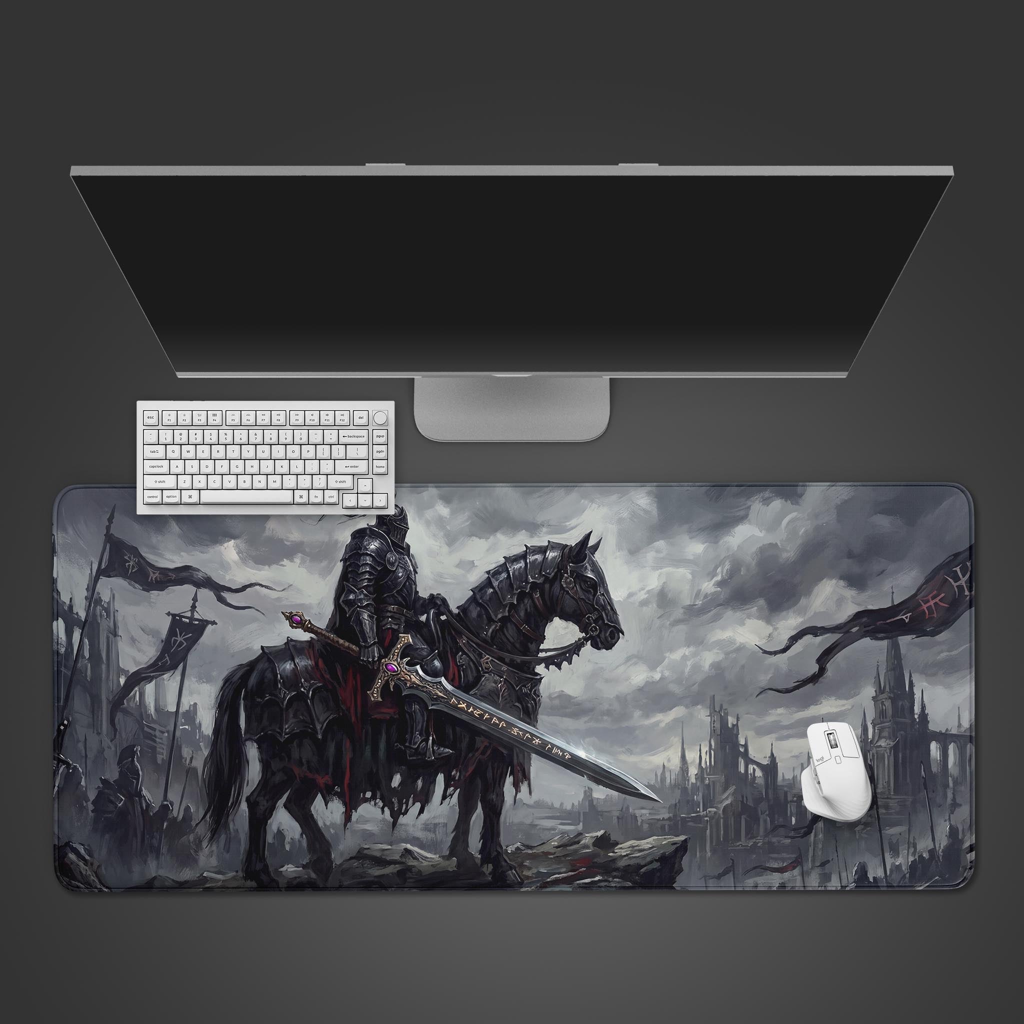 A dark fantasy desk mat featuring a heavily armored knight riding a black horse, wielding a glowing runic sword