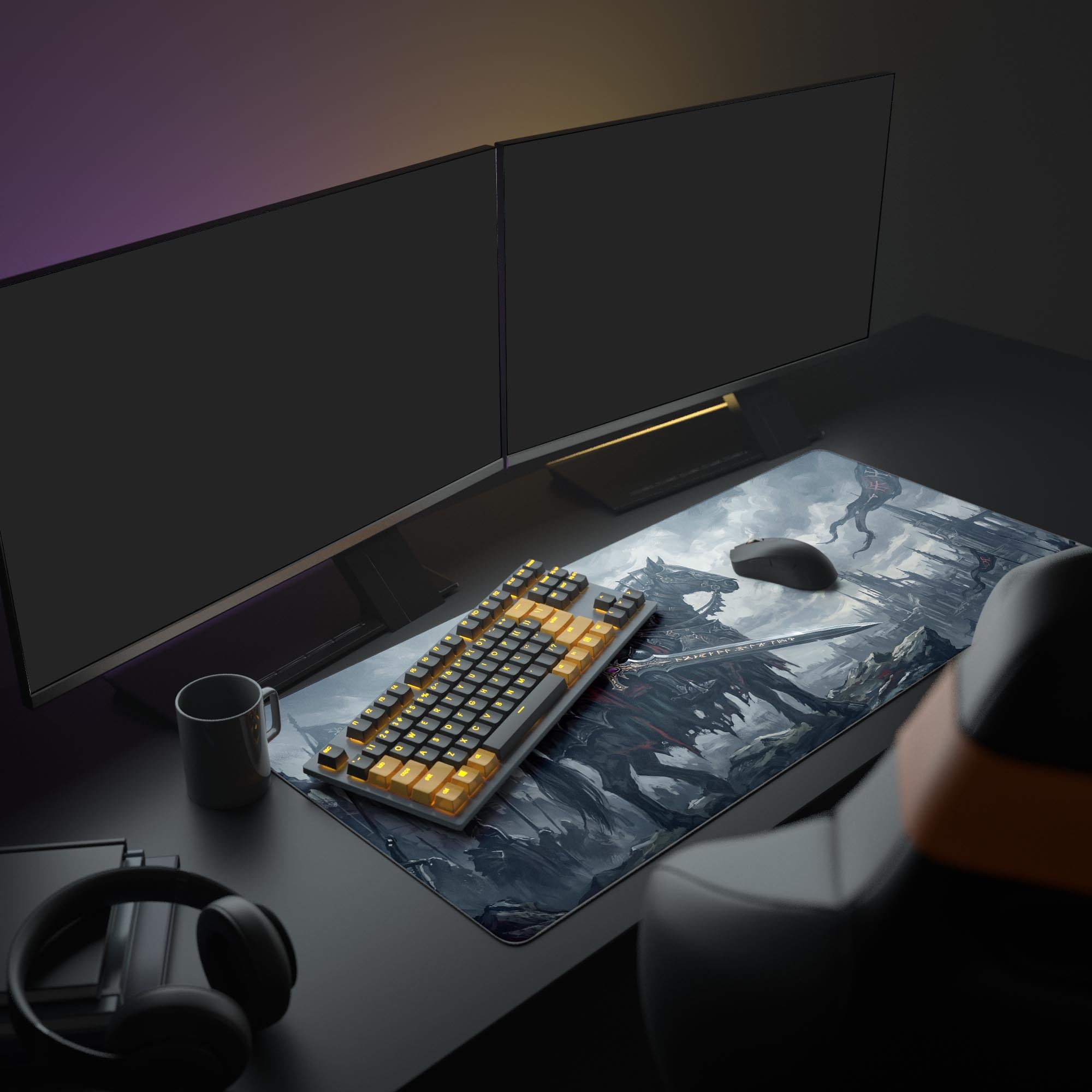 Close up view of the intricate dark armor and glowing purple sword runes on the knight desk mat