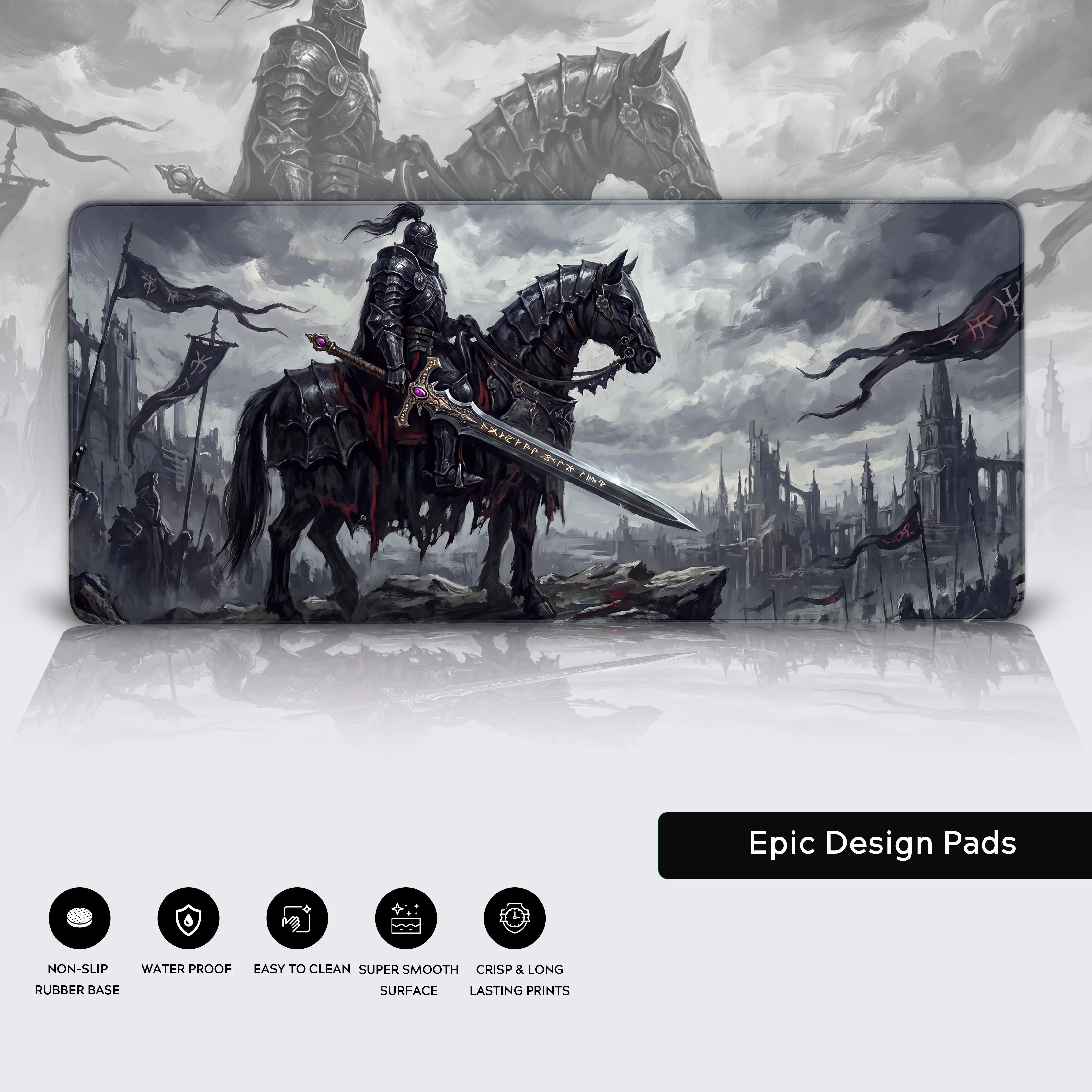 Product view of the dark knight desk mat floating above a reflection with descriptive feature icons displayed below