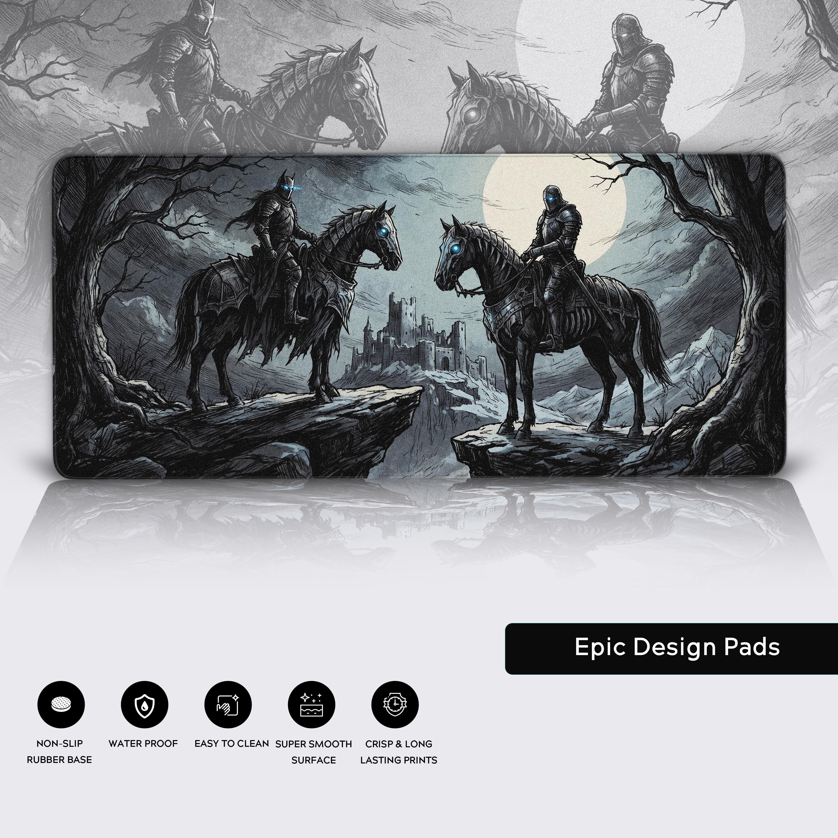 Feature breakdown of the Phantom Riders desk mat showing non-slip rubber base, waterproof surface, and crisp edge-to-edge print.