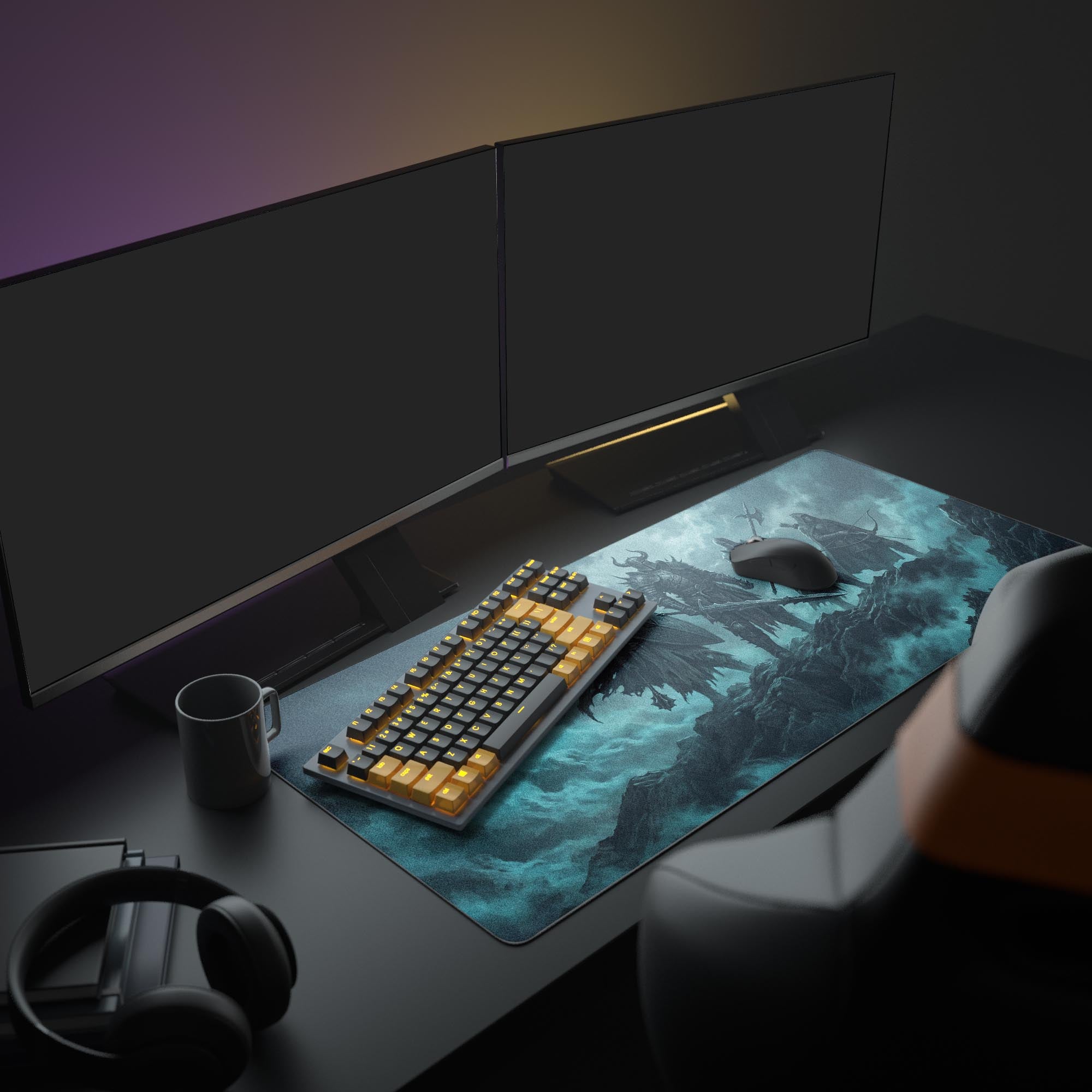 Close-up of the highly detailed warrior artwork on the gaming mouse pad, showing epic armor and weapons.